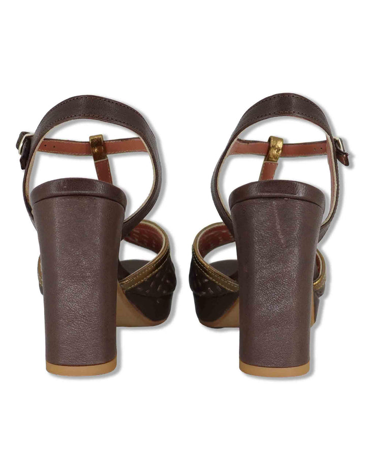 Sandali donna in pelle marrone e oro tacco alto e plateau con conturino 6267K 014 Les Venues 