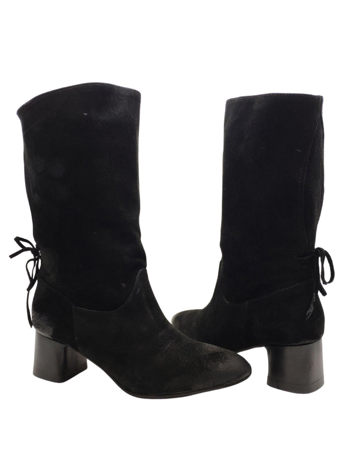 Calzature Donna Stivaletti In Pelle Scamosciata Nera Ingrassata Con Fiocco Posteriore e Tacco EB81 NERO Spatarella 