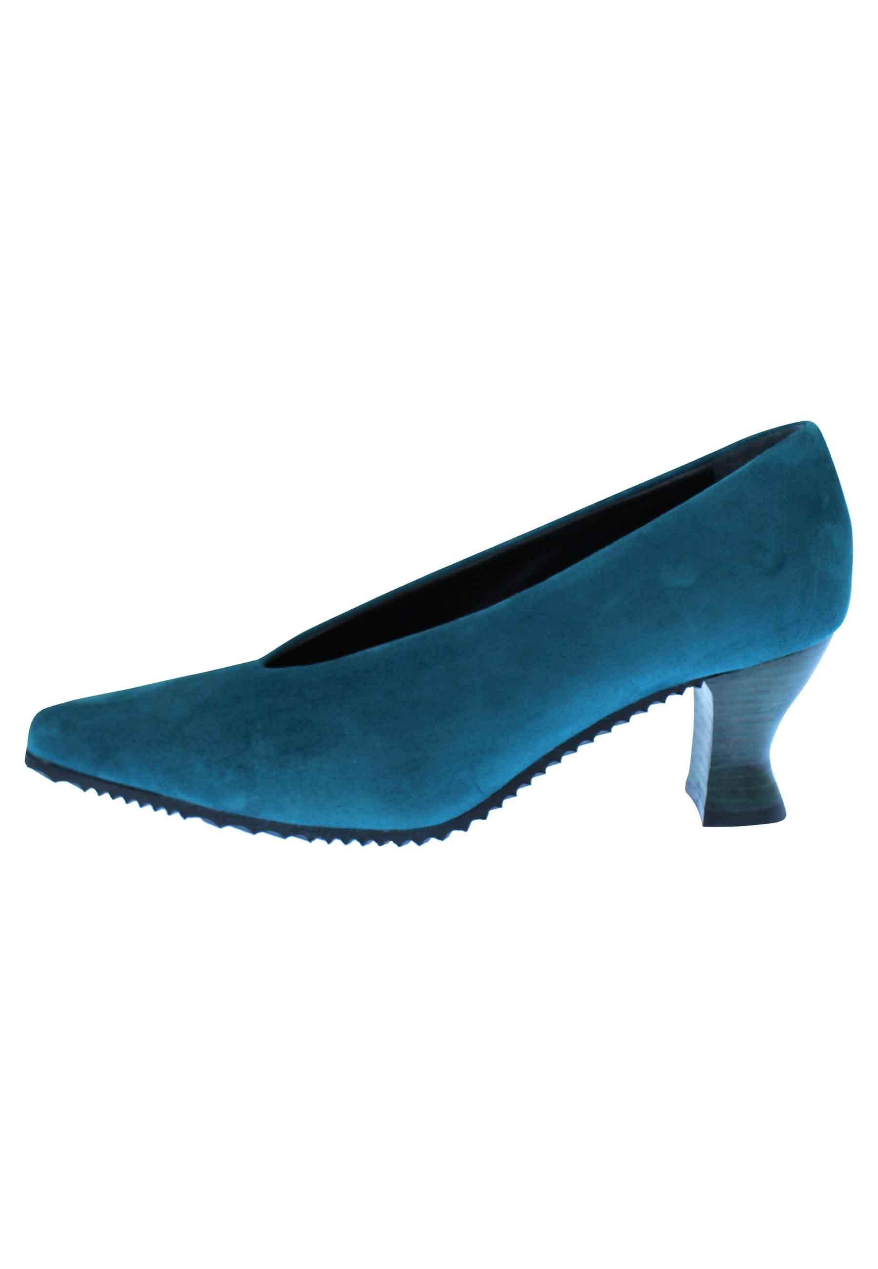 Decollete donna in camoscio petrolio punta quadra e tacco in cuoio SR11 032 Spatarella 
