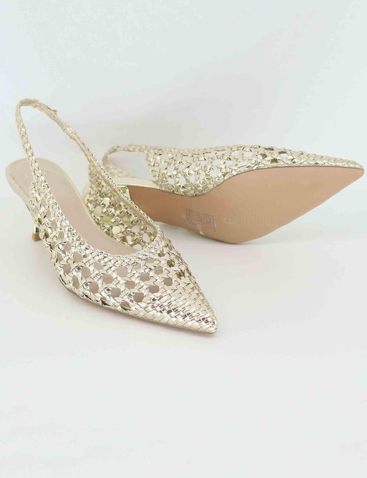 Slingback donna in tessuto oro con tacco gioiello U4700851357L 851 G Exe 