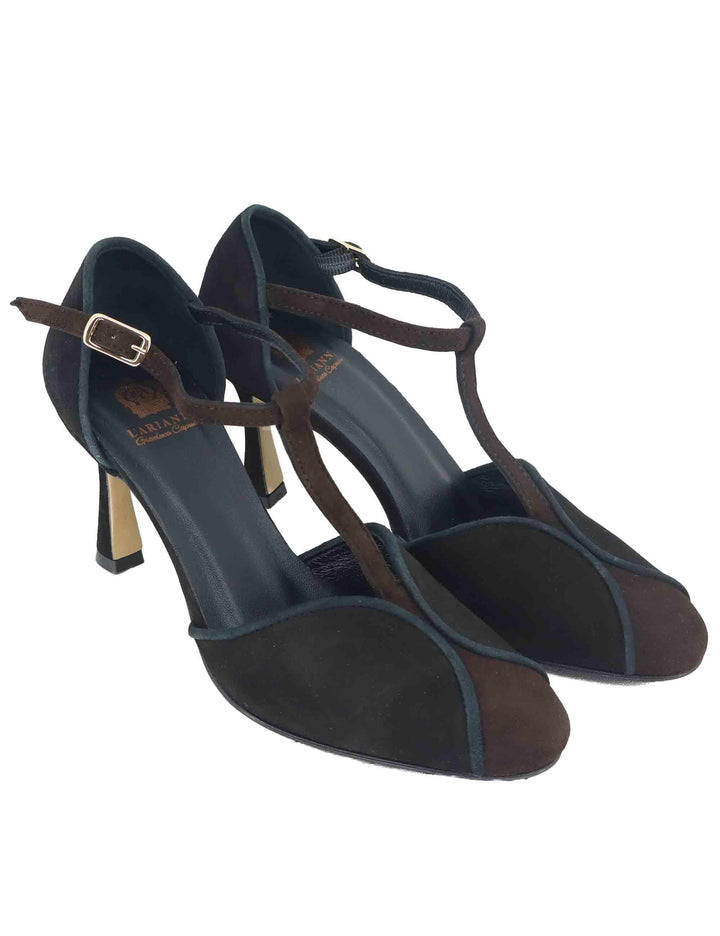 Decollete donna Mary Jane in camoscio marrone e nero con tacco alto TG1660/RT 014 L'Arianna 