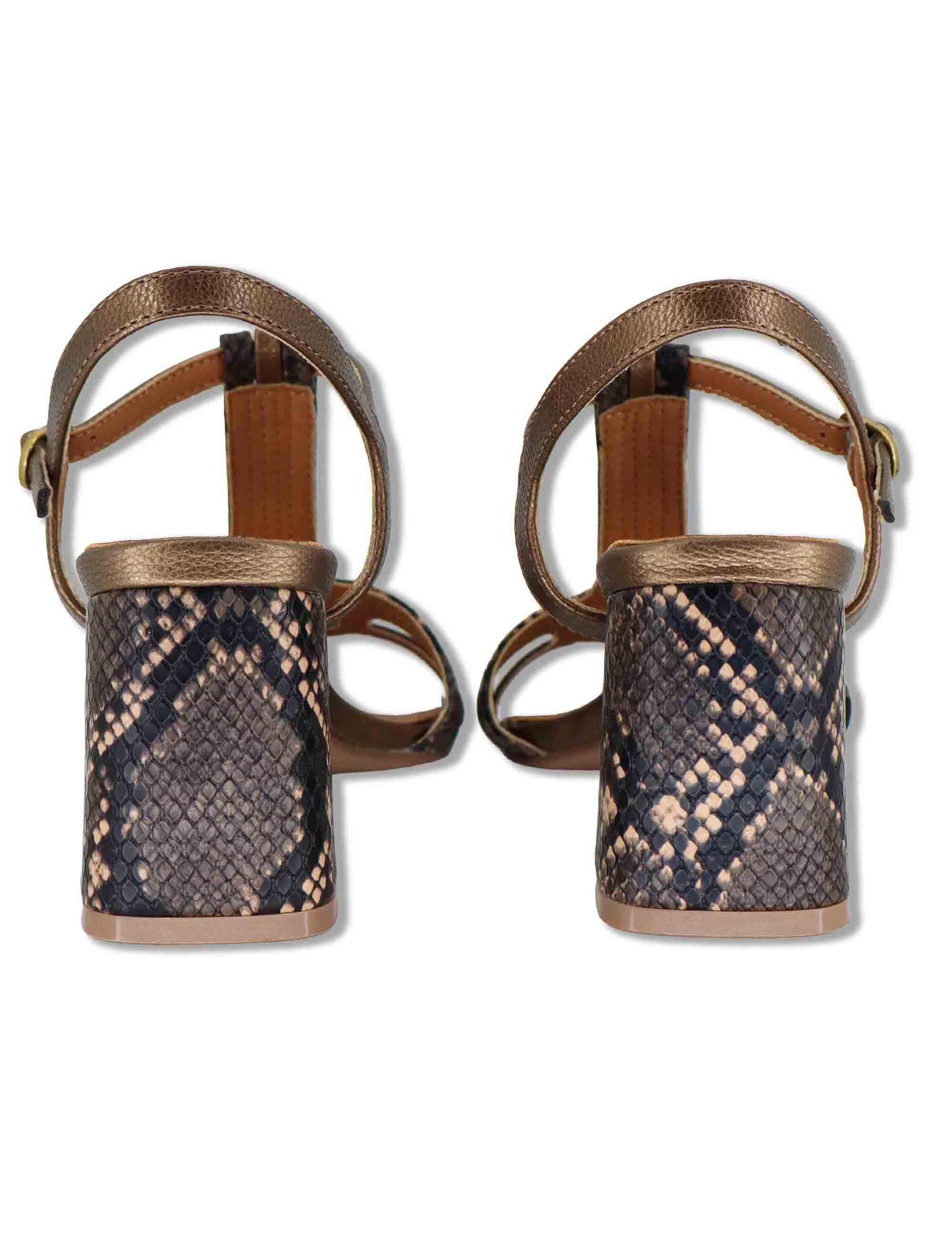 Sandali donna in tessuto stampato bronzo con tacco alto e conturino alla caviglia COCO-920 H282 Exe 