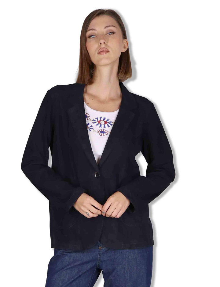 Giacche donna in camoscio blu un bottone SP2375 002 Spatarella 