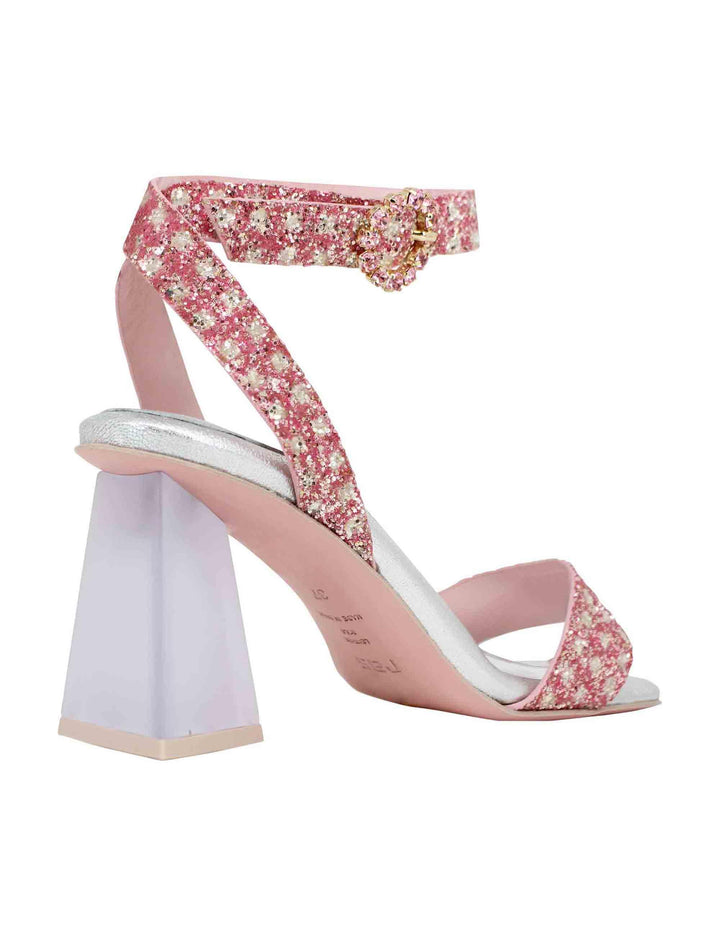 Sandali donna in tessuto rosa con punta quadra e tacco alto 7117 023 Ras 