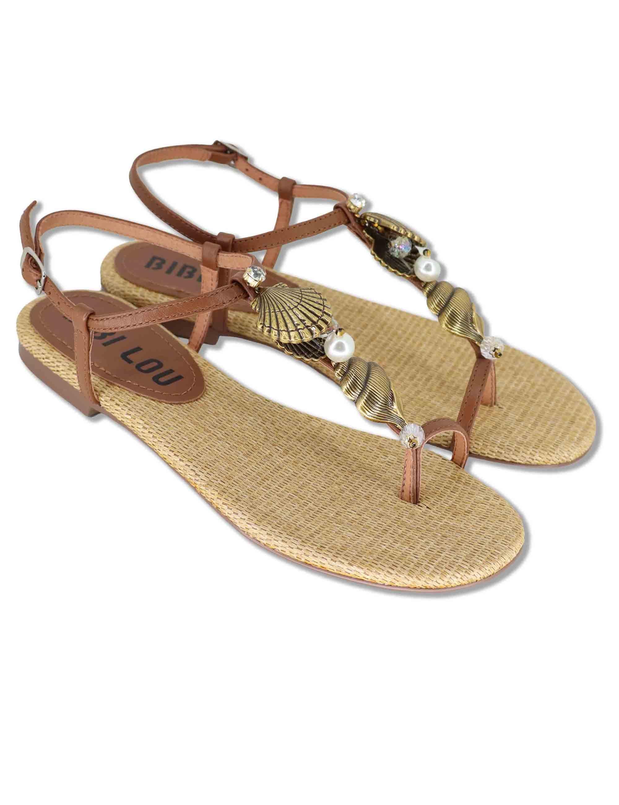 Sandali donna flat in pelle cuoio con accessorio gioiello e sottopiede in rafia 709Z10VK 92-CUERO Bibi Lou 