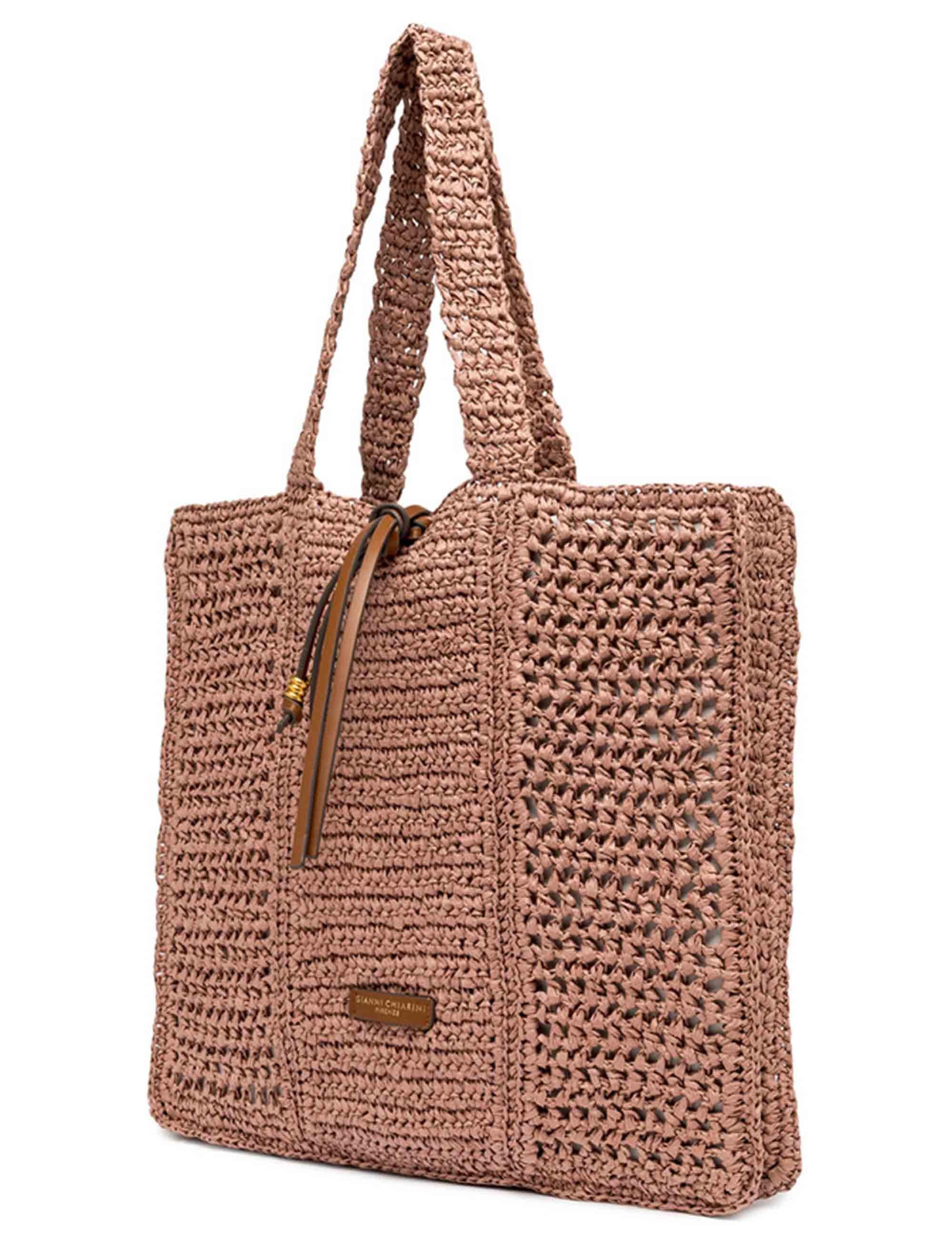 Borse Shopper donna Nefili in paglia cipria con manico e chiusura in pelle BS11955 COMM STR-CRCH 7752 Gianni Chiarini 