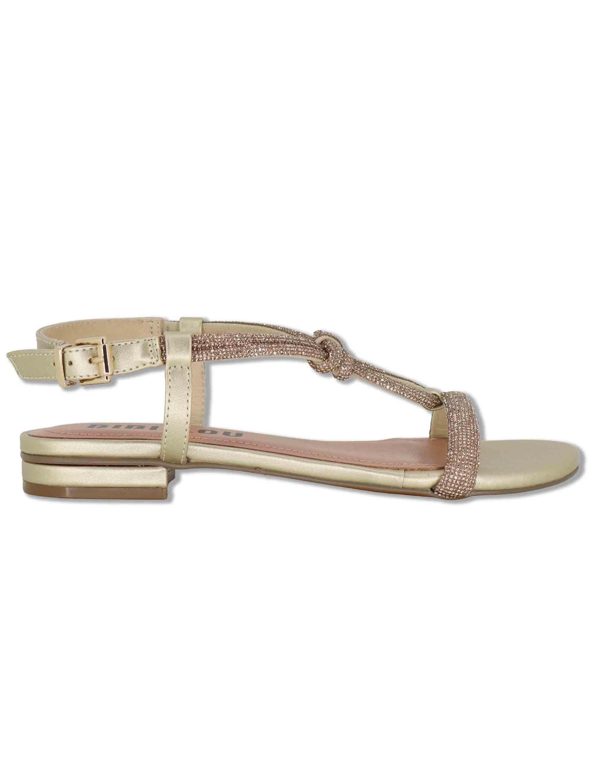 Sandali donna flat in pelle e strass oro con cinturino regolabile Myna 956Z00HG 04-ORO Bibi Lou 