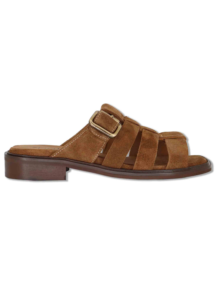 Sandali donna flat in camoscio cuoio con fasce e fibbia laterale SPB603 014 Spatarella 