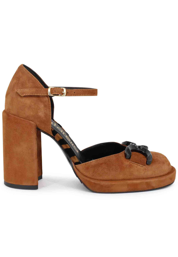 Decollete donna in camoscio cuoio con tacco alto e cinturino SP755 012 Spatarella 