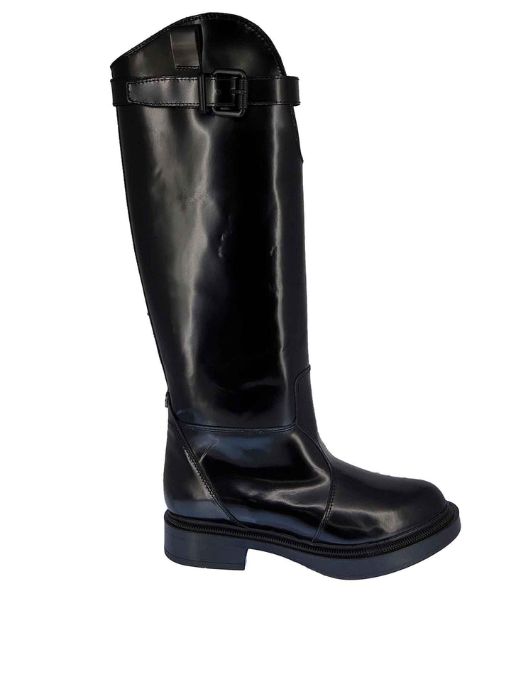 Calzature Donna Stivali Cavallerizza in Pelle Nera Lucida con Cinturino e Fondo in Gomma in Tinta 02150 001 Janet & Janet 