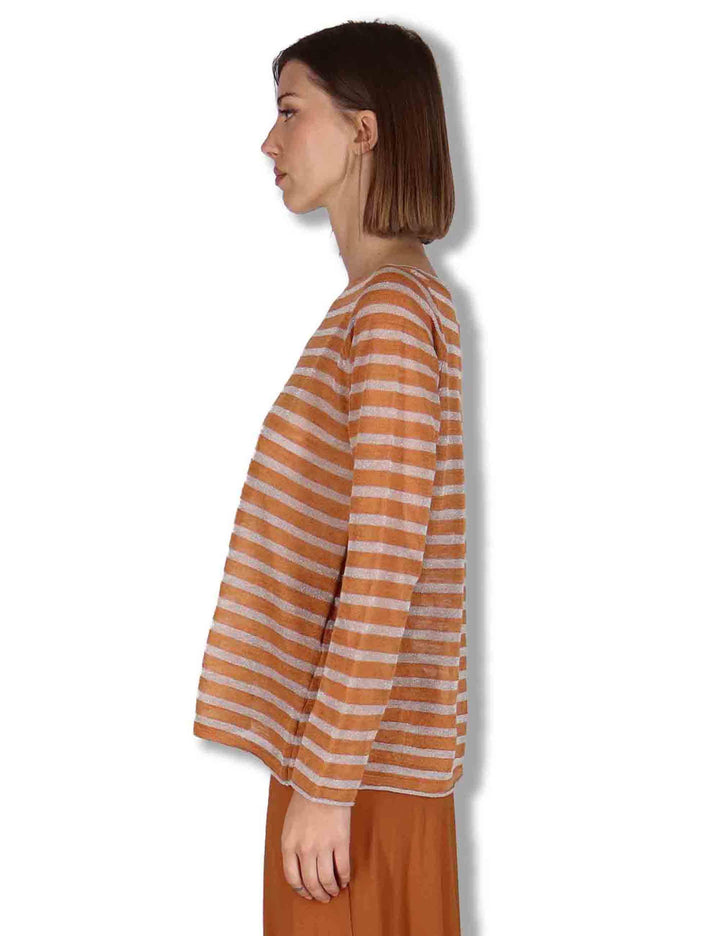 Maglie donna Summer Linen in misto lino cammello e beige a strisce JQ509178148 12B11 Maliparmi 