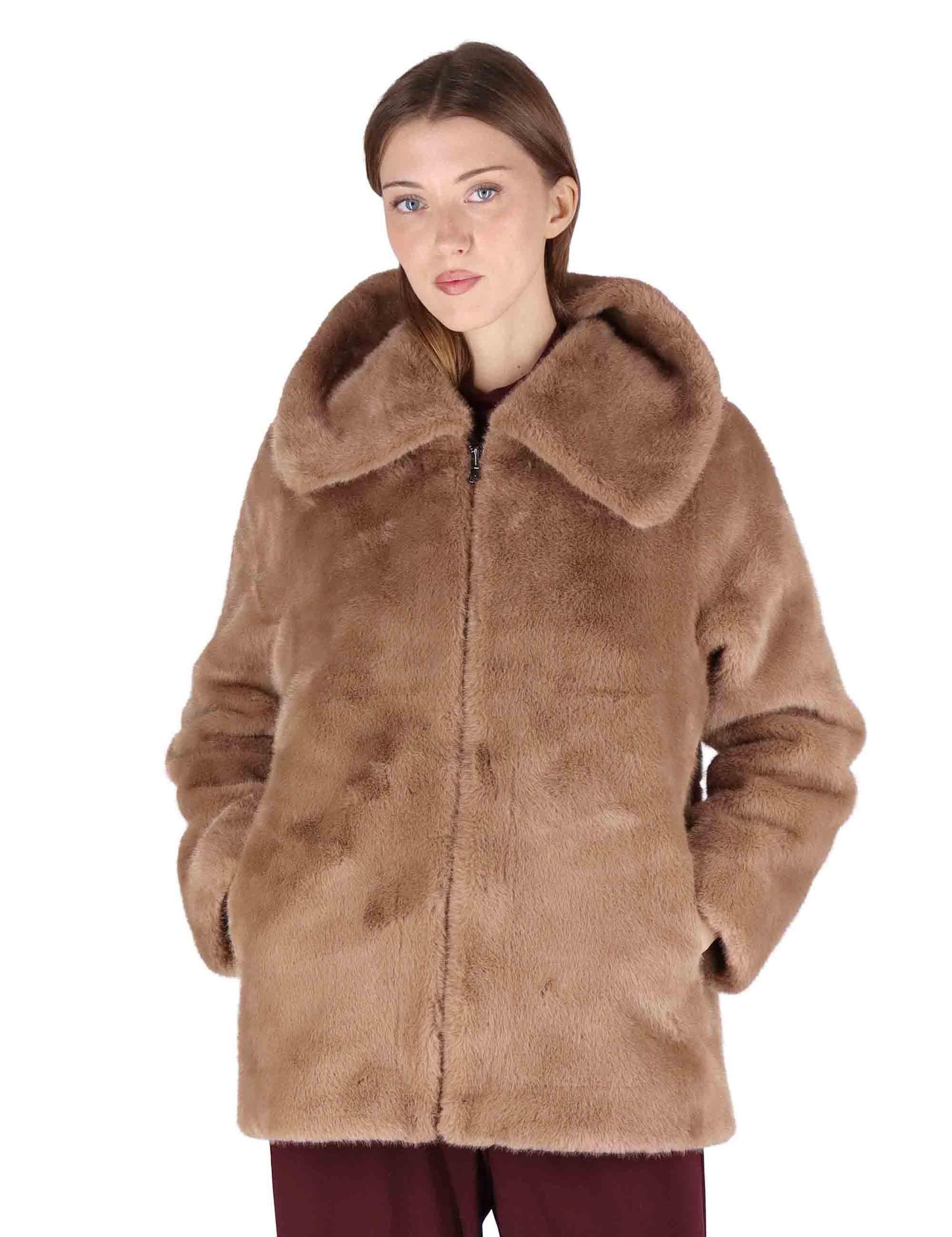 Giacche reversibili donna in eco fur marrone con zip SP25310 BROWN Spatarella 