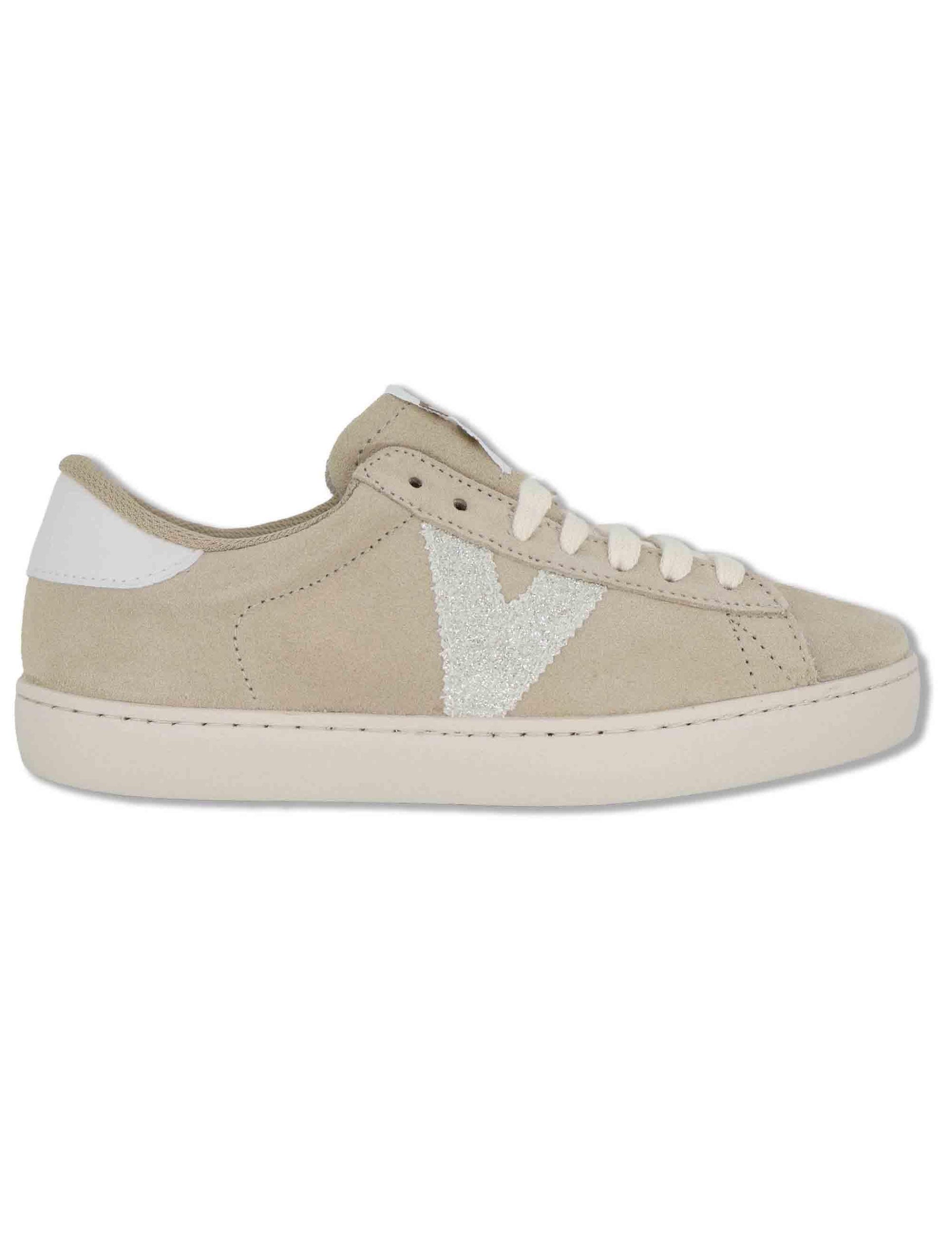 Sneakers donna Berlin in camoscio beige con logo in glitter 1126239 80_Beige Victoria 