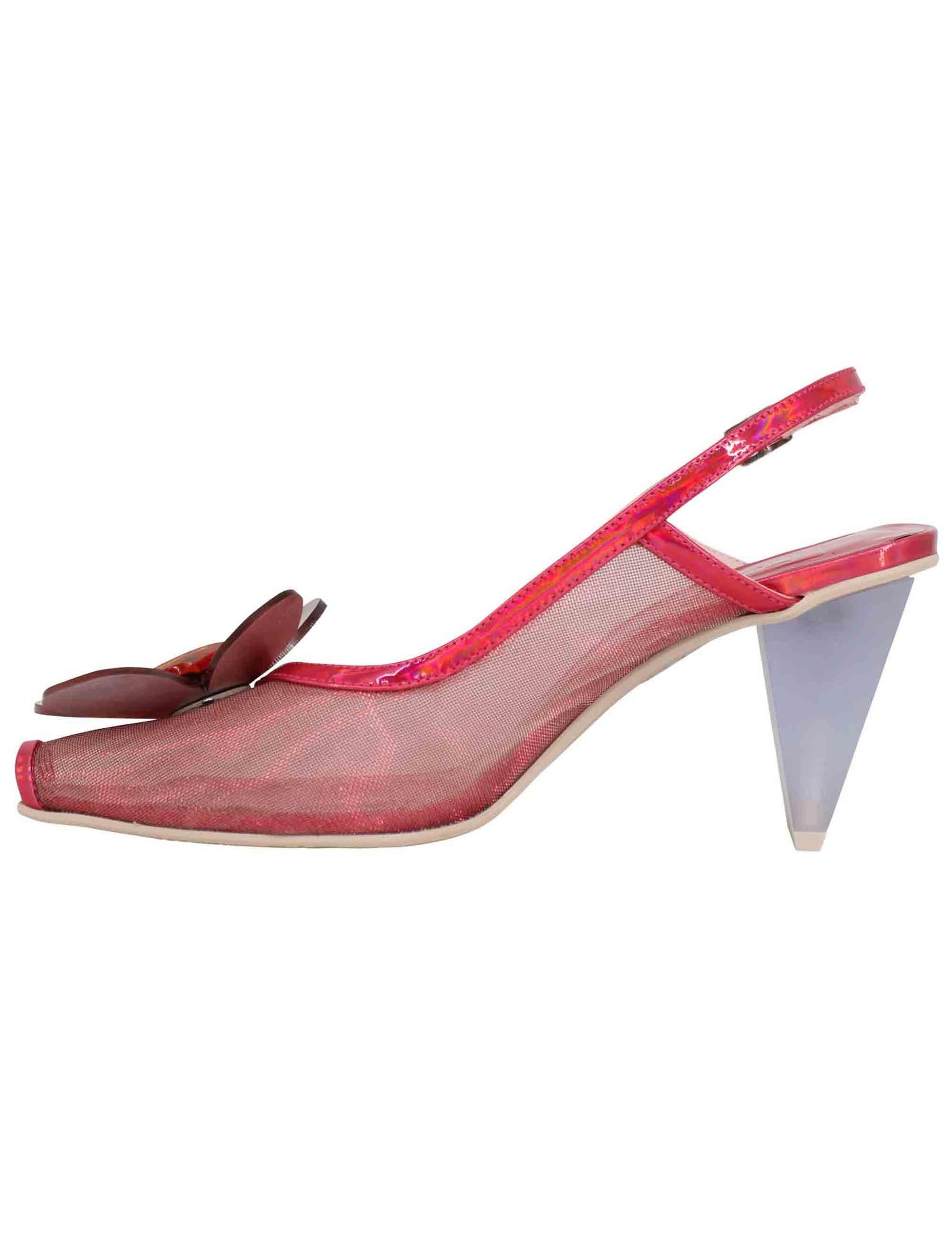 Decollete slingback donna in tessuto fuxia laminato con tacco alto 7608 050 Ras 
