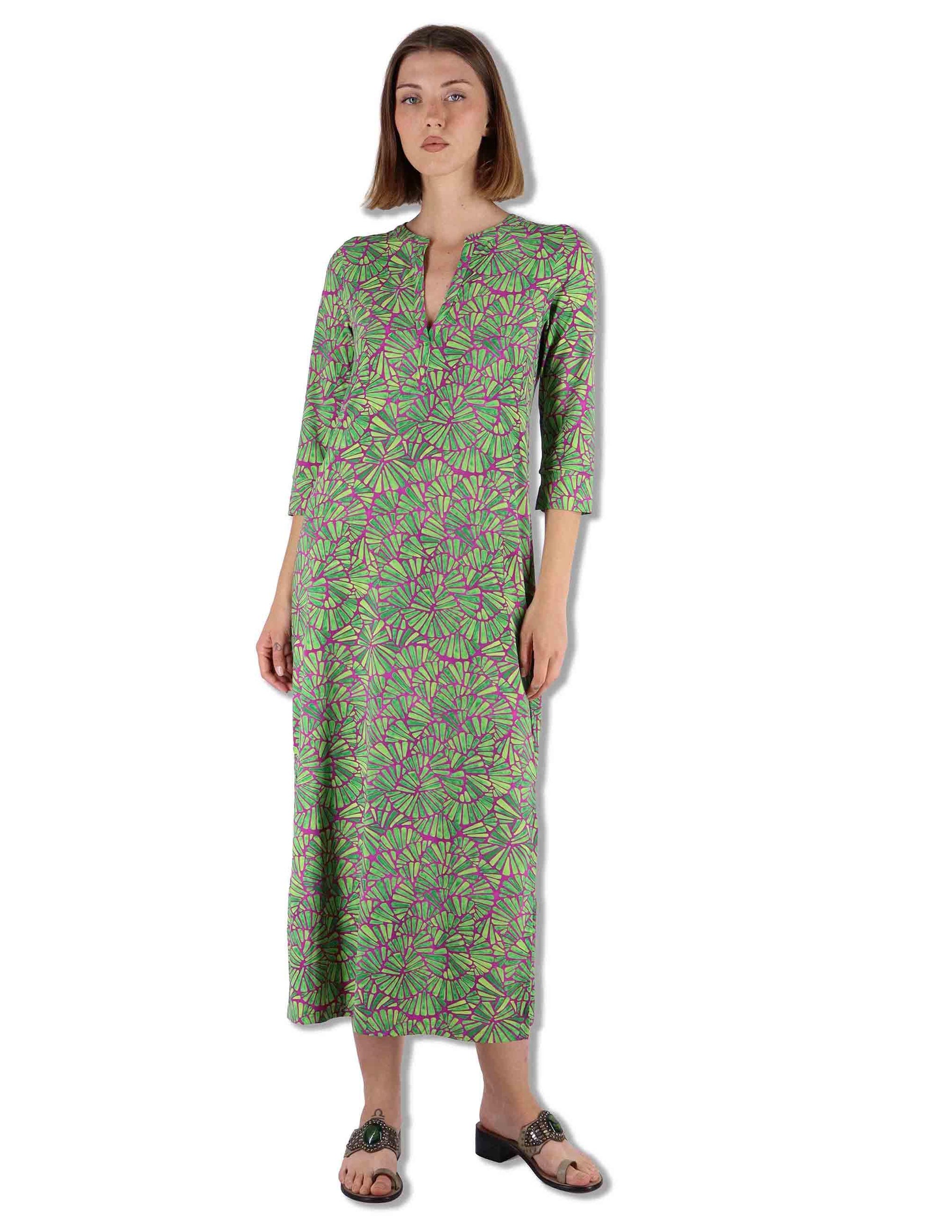 Abiti lunghi donna Shell in tessuto stampato verde con maniche a 3/4 JF667370672 A5032 Maliparmi 
