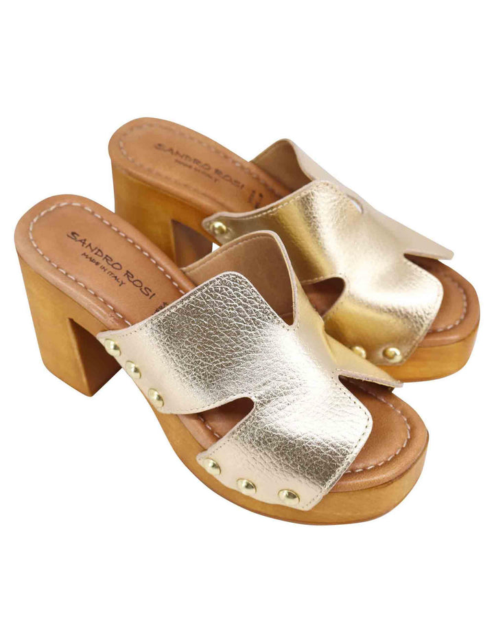 Sandali zoccoli donna in pelle platino con fibbie oro e tacco alto SR8484 602 Sandro Rosi 