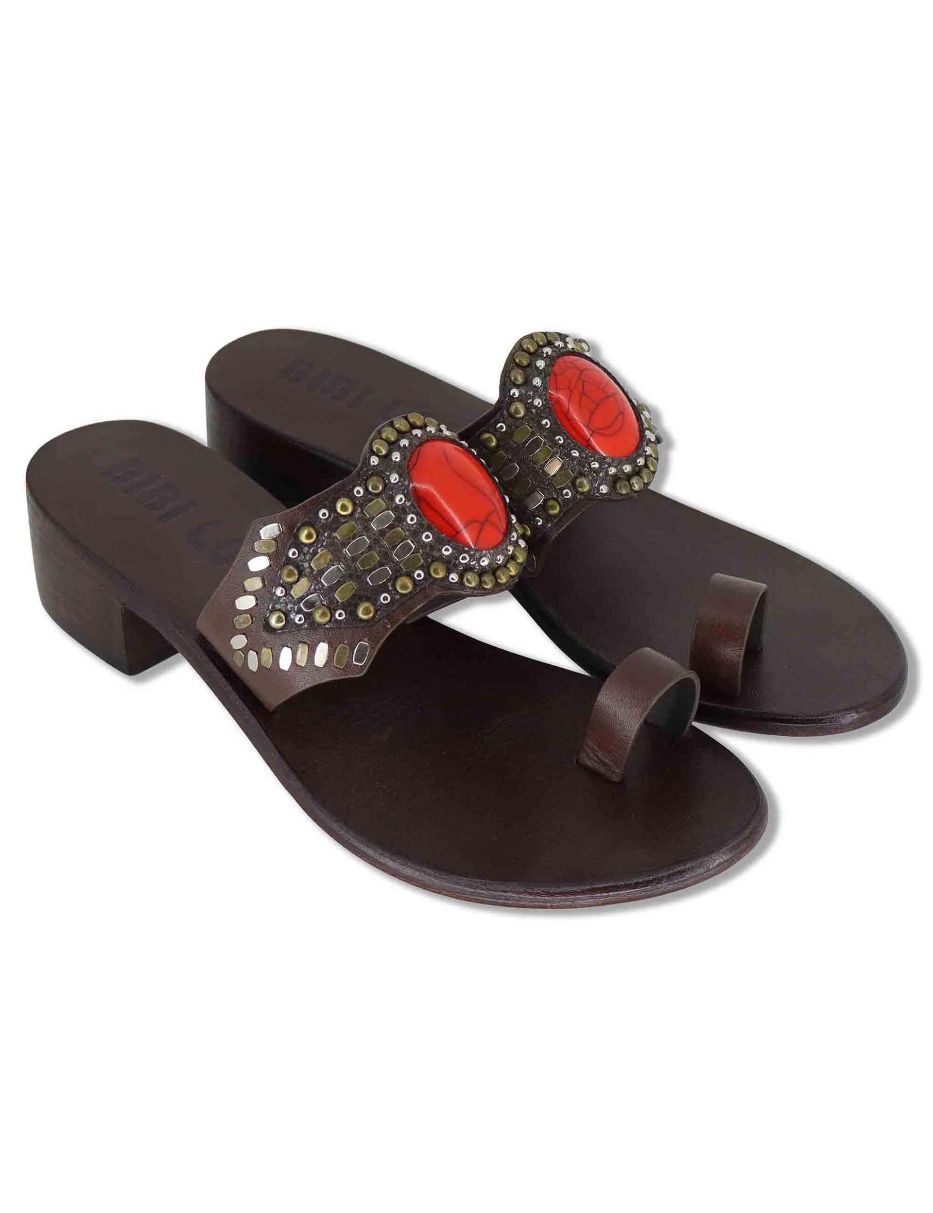 Sandali donna infradito in camoscio marrone con pietre e tacco medio in cuoio Teak 979Z88KW 40-ROJO Bibi Lou 