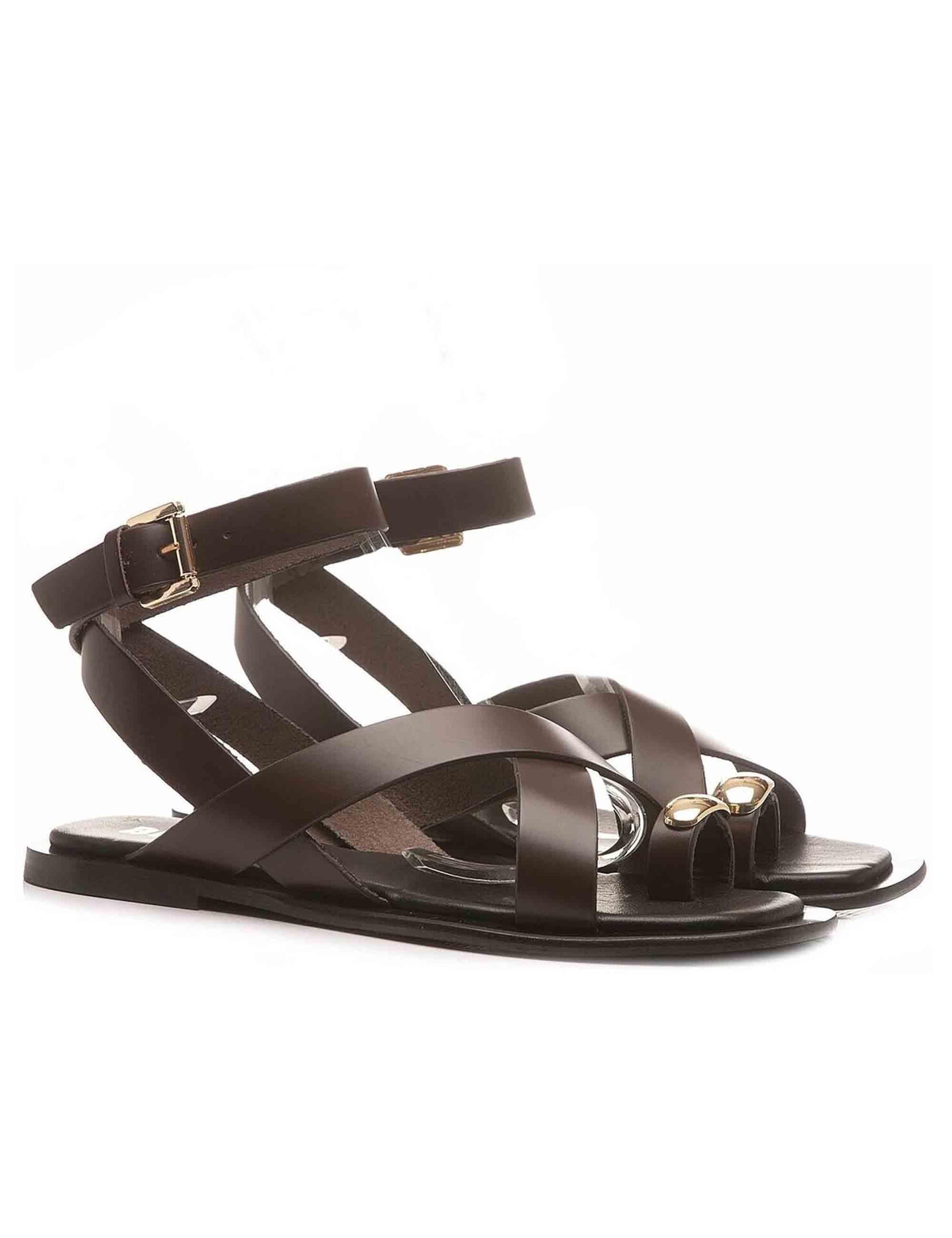 Sandali donna infradito in pelle marrone con borchie oro e tacco basso Vaz 902Z08AA 90-MARRON Bibi Lou 