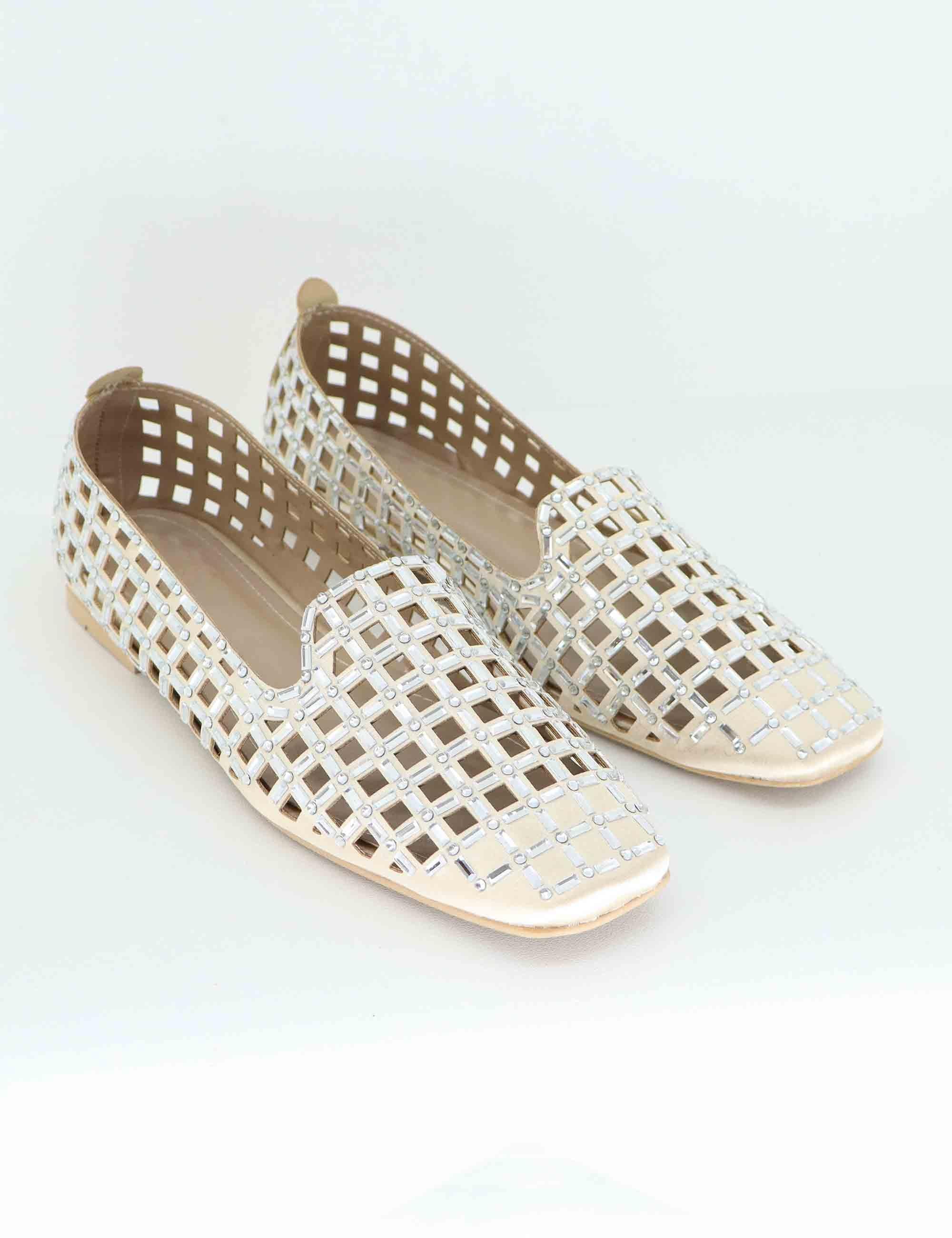 Mocassini donna in tessuto beige con strass U128B09014C6 SMP09 Exe 