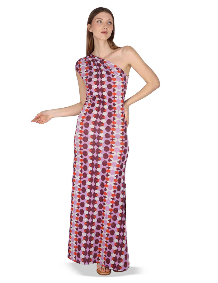 Abiti donna Asymmetric Draped monospalla in tessuto lilla stampato JFAAB0001-F1481-1261 4235 Justmine 