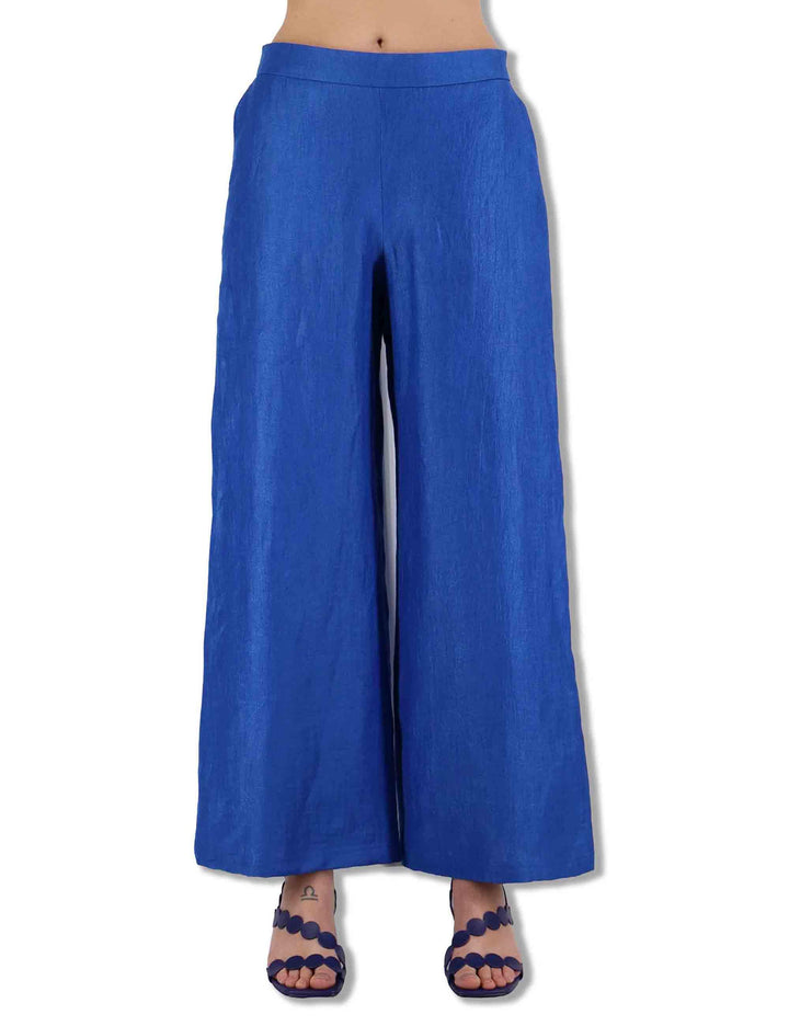 Pantaloni donna Jacquard in lino monocolore blu con tasche laterali JH805340102 80059 Maliparmi 