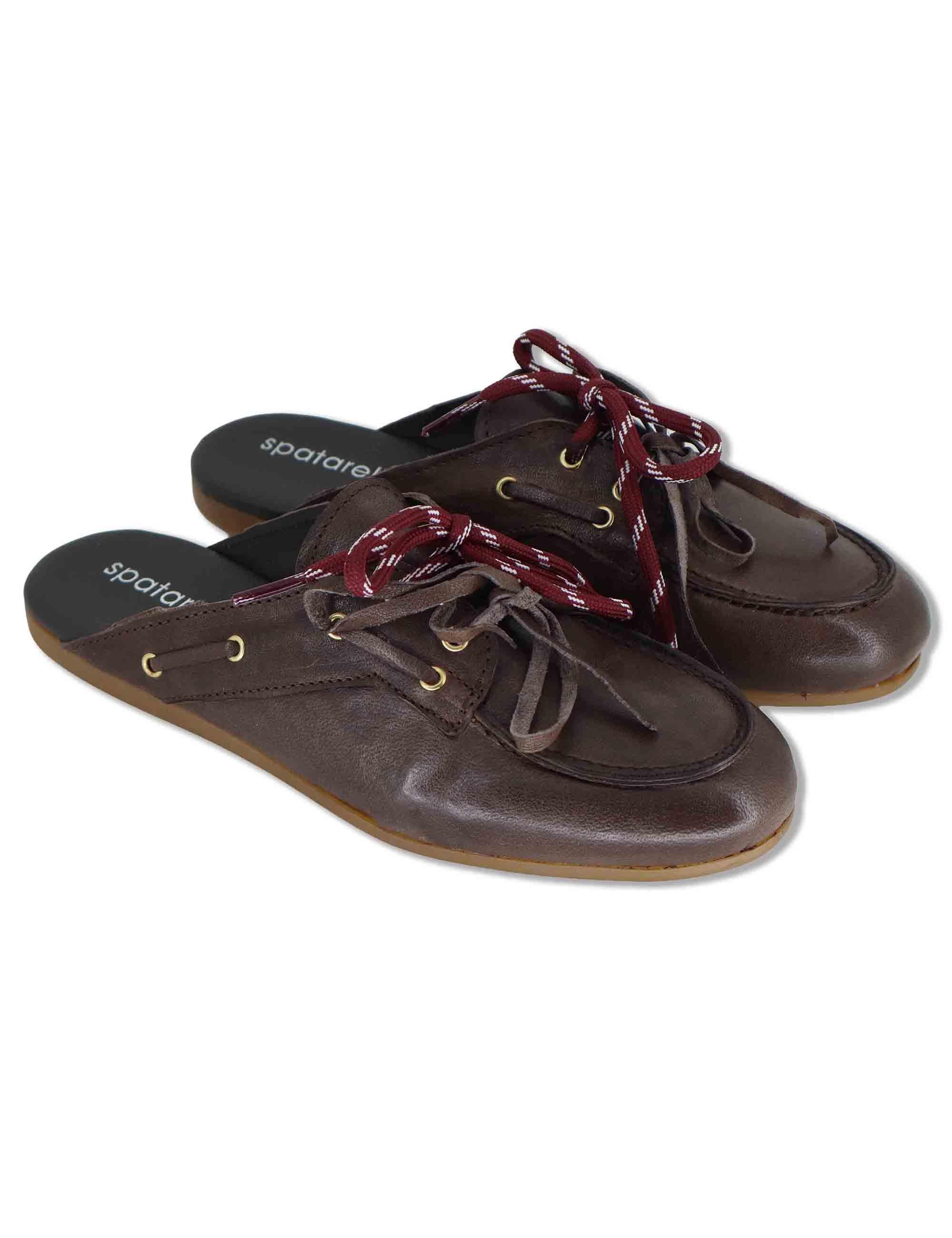 Sabot donna in pelle marrone con doppi lacci e suola bassa in gomma SP91 014 Spatarella 