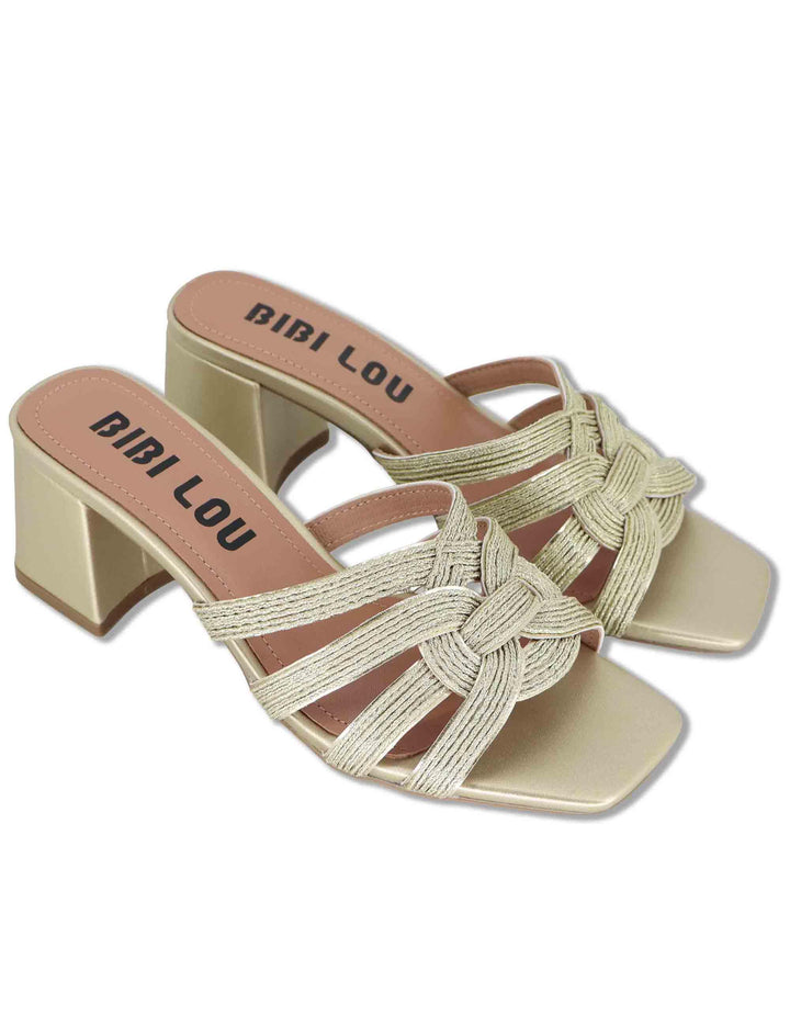 Sandali scalzati donna in pelle e tessuto oro con tacco alto Aran 878Z94HG 04-ORO Bibi Lou 