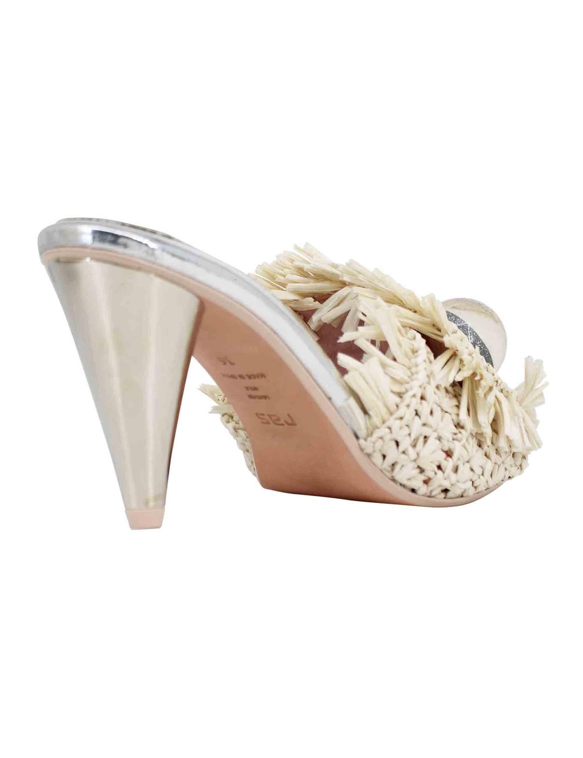 Sandali donna in rafia beige con gioiello e tacco alto in argento 7561 029 Ras 