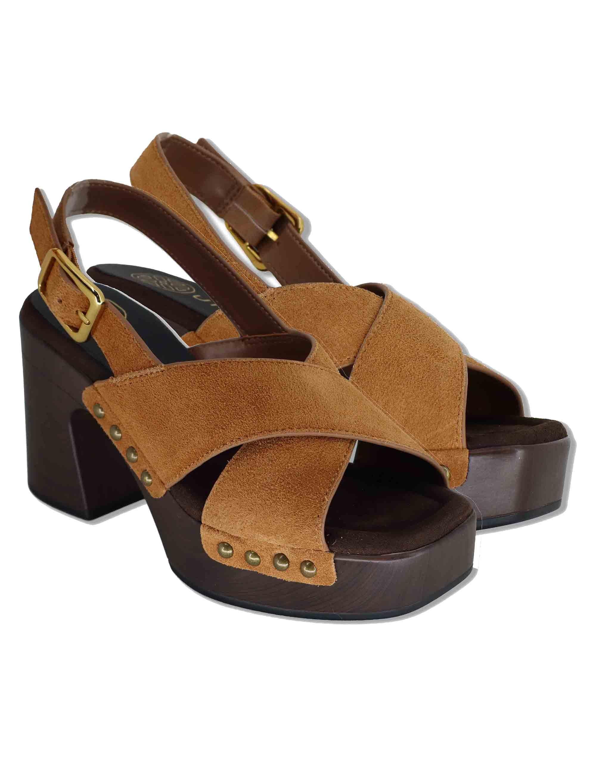 Sandali donna slingback in pelle cuoio con zeppa alta in legno OBRA BS NEW CUOIO Unisa 