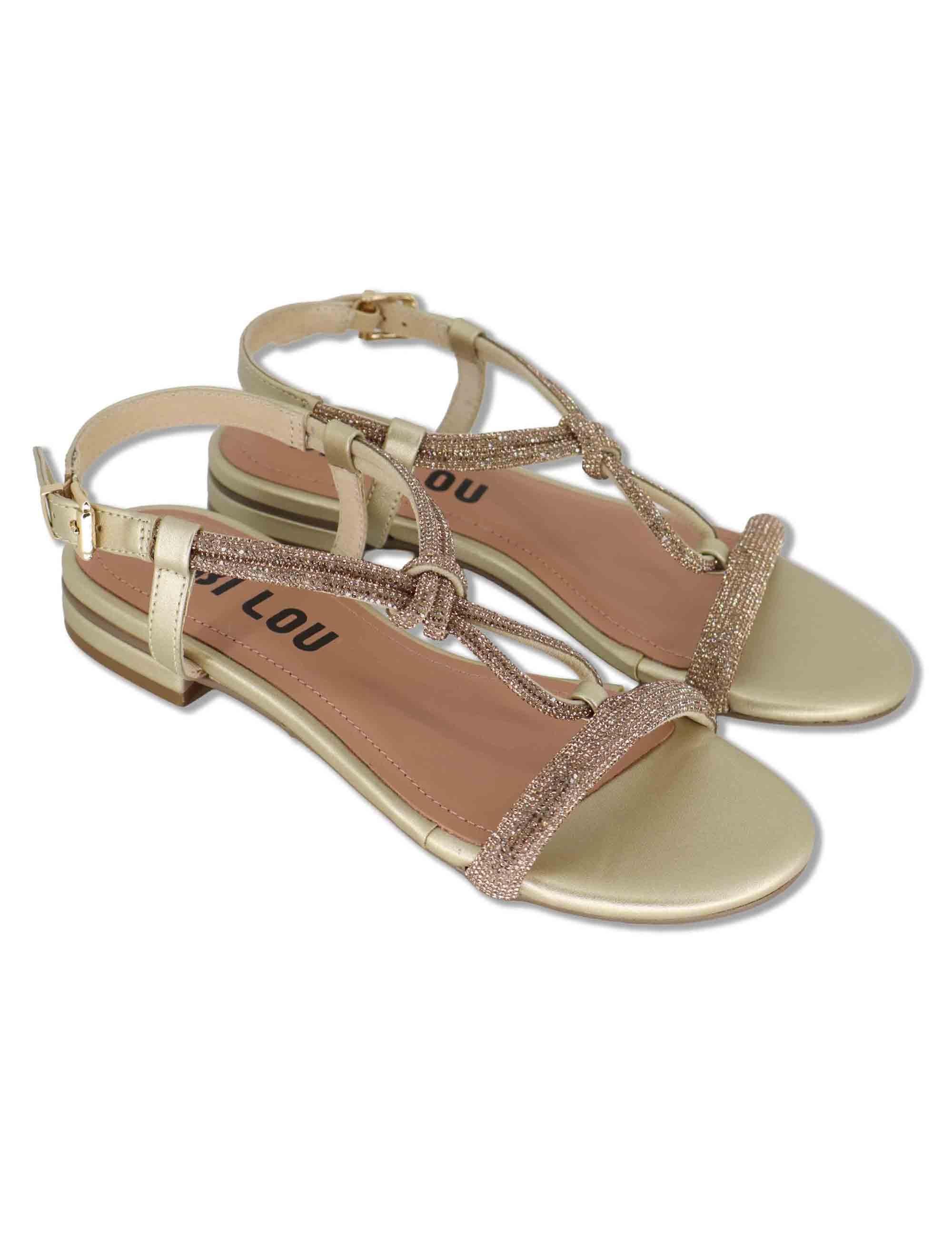 Sandali donna flat in pelle e strass oro con cinturino regolabile Myna 956Z00HG 04-ORO Bibi Lou 