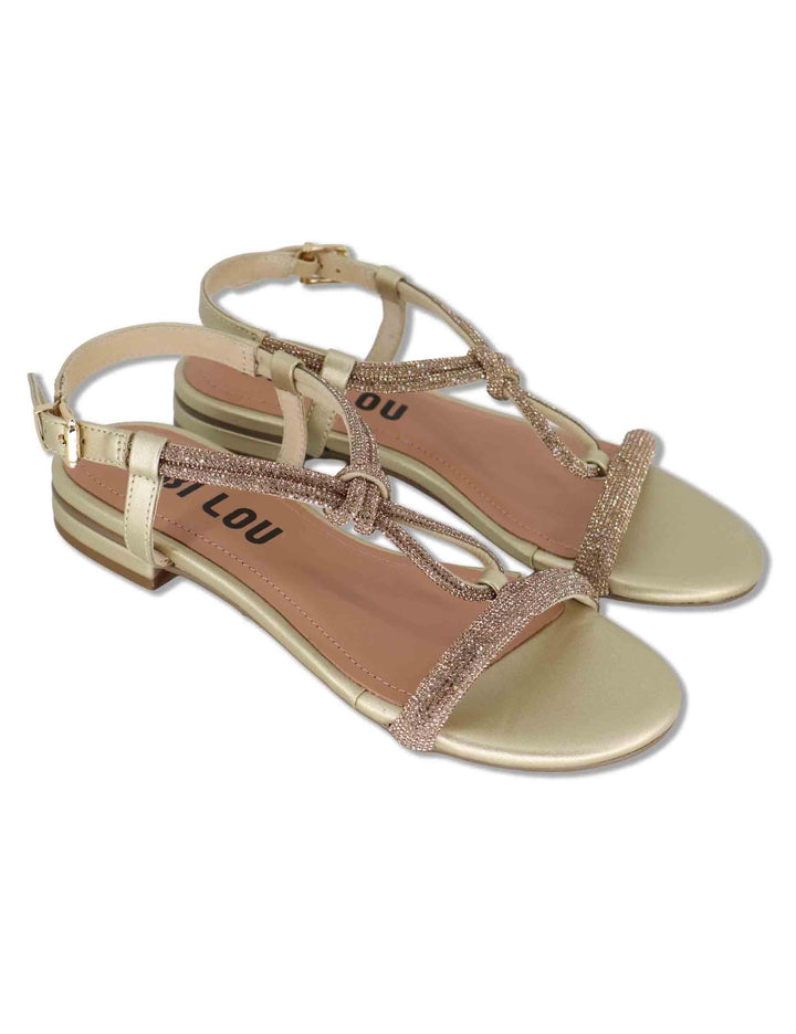 Sandali donna flat in pelle e strass oro con cinturino regolabile Myna 956Z00HG 04-ORO Bibi Lou 
