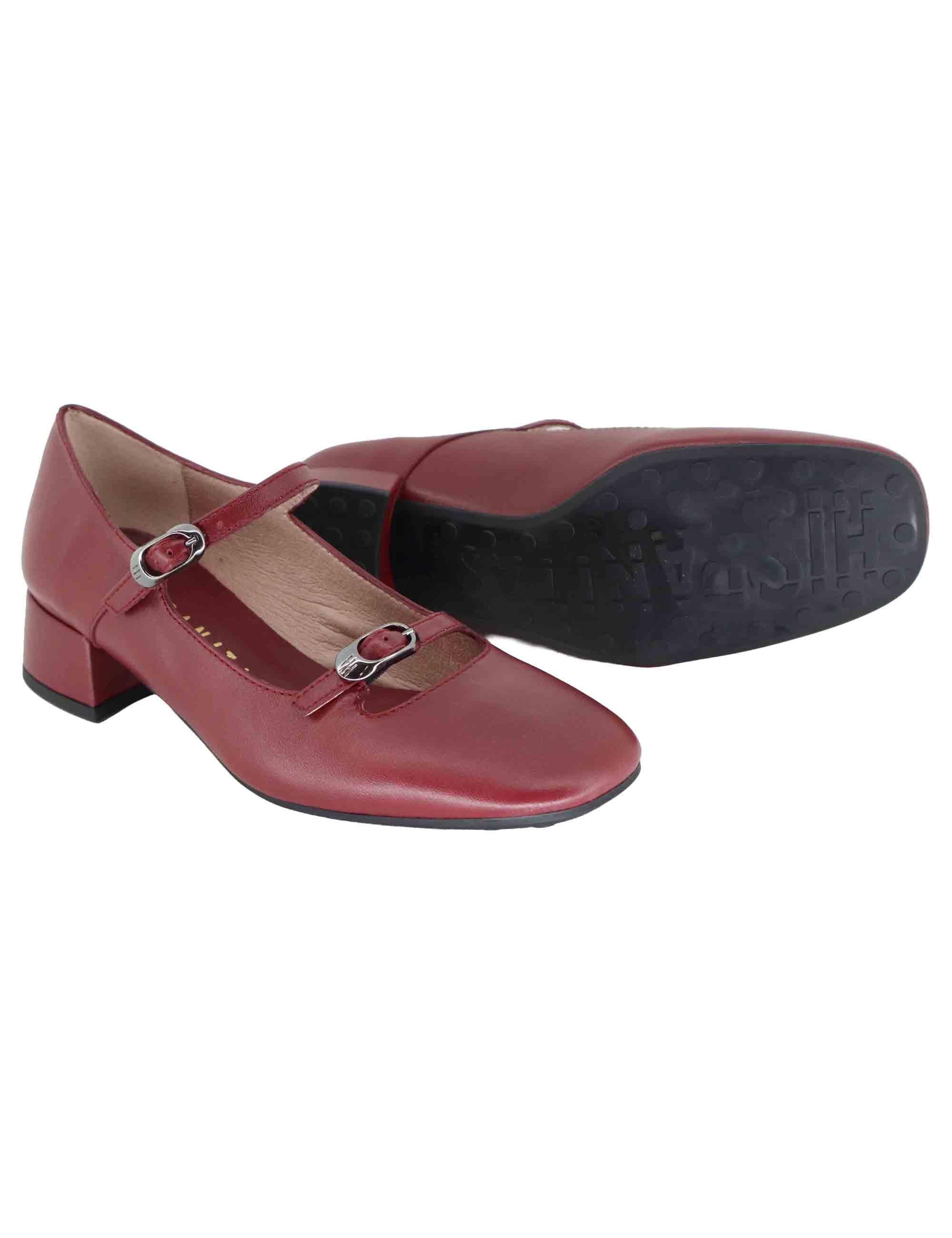 Decollete donna in pelle bordeaux con doppi cinturini e tacco basso HI254207 C003 Hispanitas 