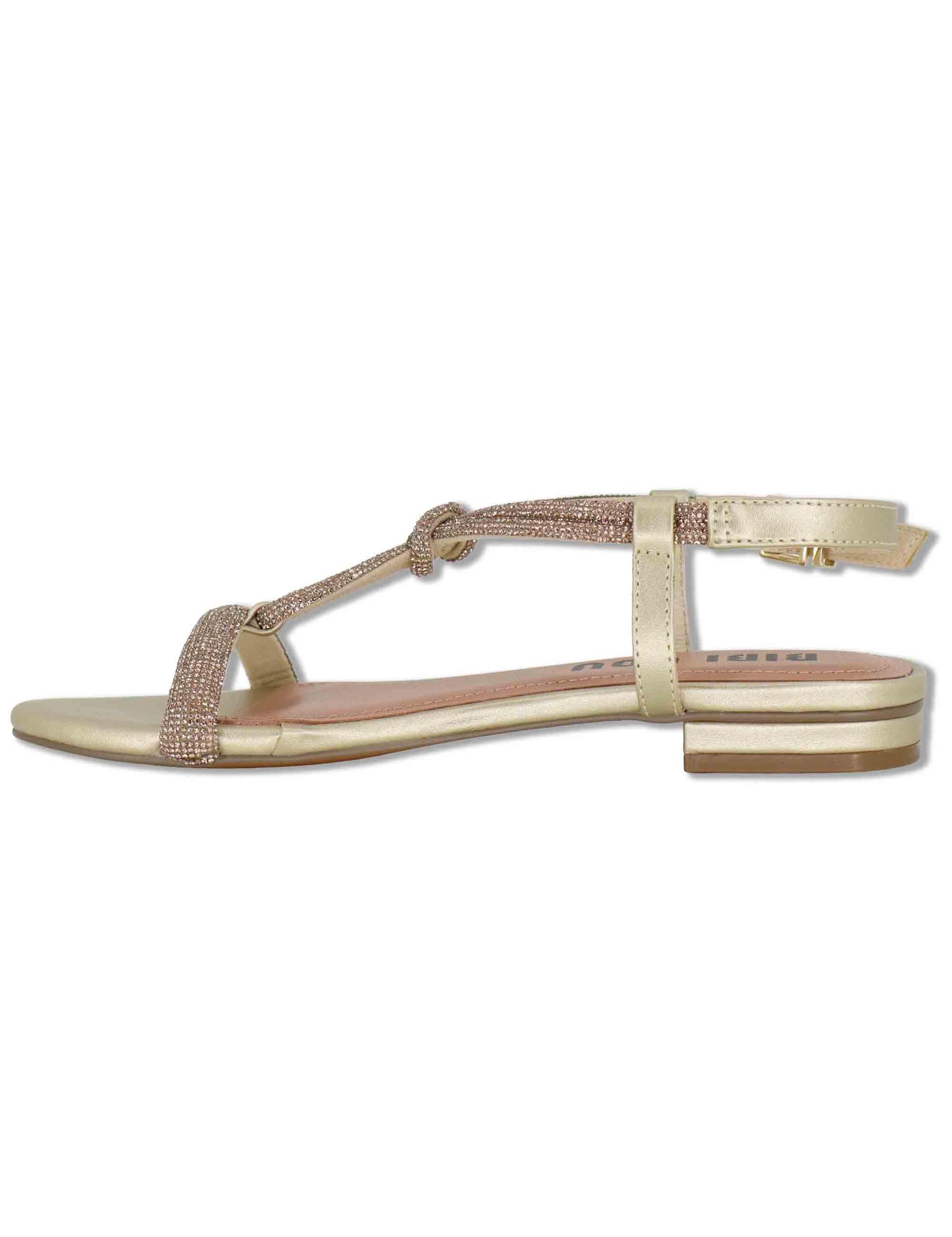 Sandali donna flat in pelle e strass oro con cinturino regolabile Myna 956Z00HG 04-ORO Bibi Lou 