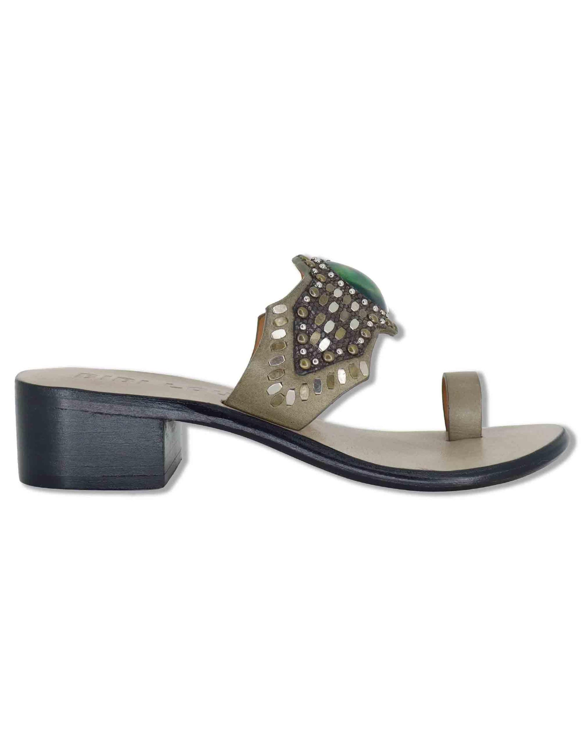 Sandali donna infradito in camoscio taupe con pietre e tacco medio in cuoio Teak 979Z88KW 70-VERDE Bibi Lou 