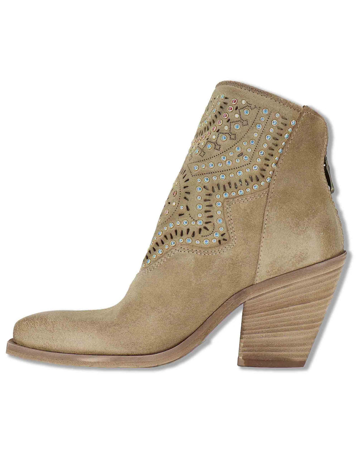 Stivaletti texani donna in camoscio taupe con borchie e tacco alto SPXD2403 029 Spatarella 