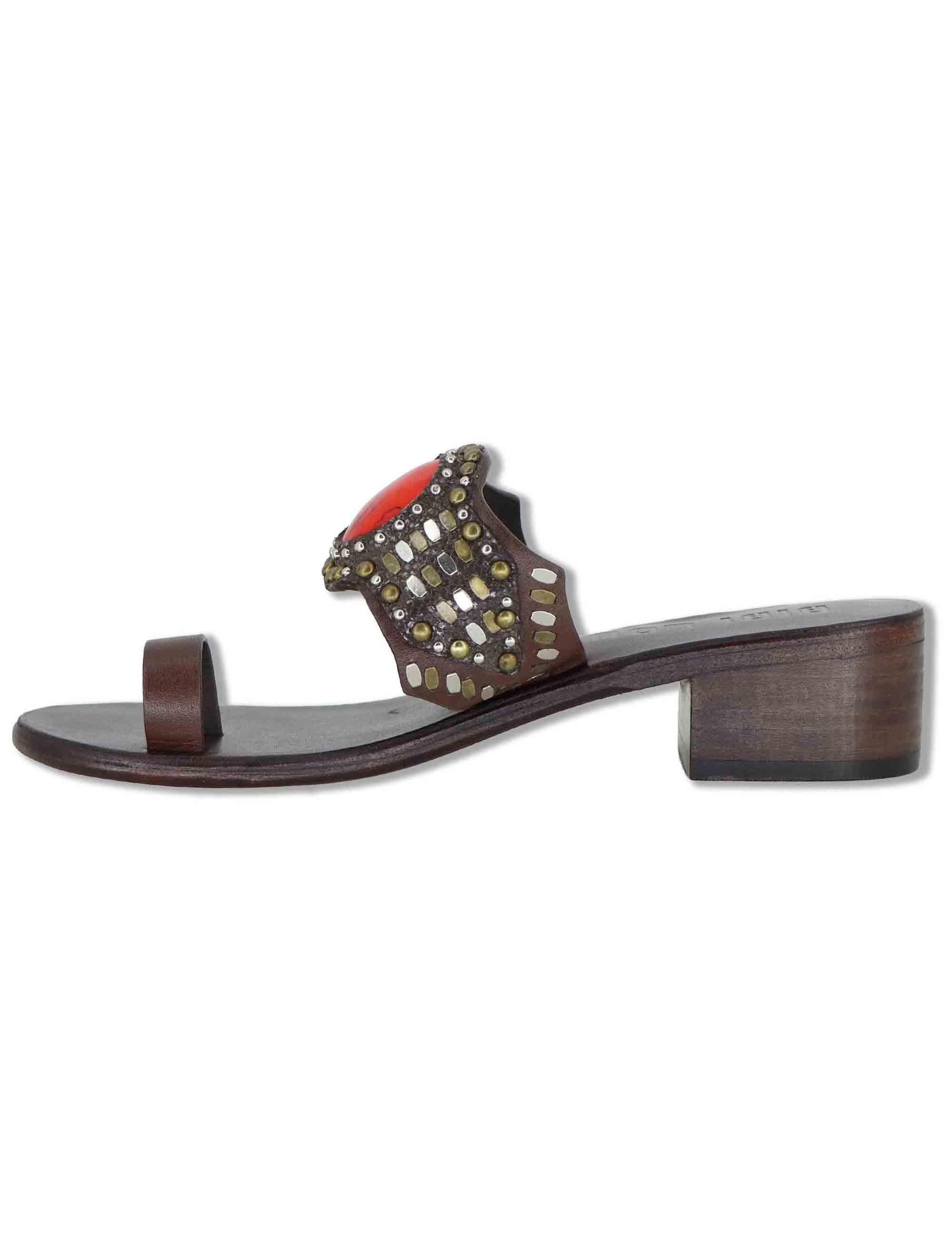 Sandali donna infradito in camoscio marrone con pietre e tacco medio in cuoio Teak 979Z88KW 40-ROJO Bibi Lou 