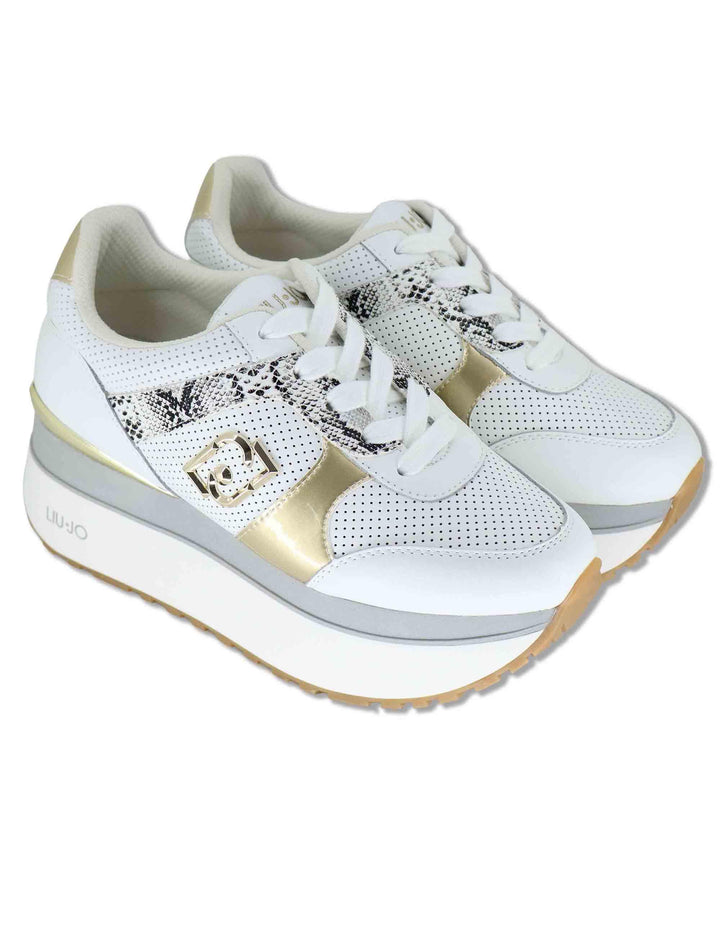 Sneakers donna in pelle bianca con riporti in contrasto e suola alta 5cm MAXI WONDER 02 BIS GOLD Liu-Jo 