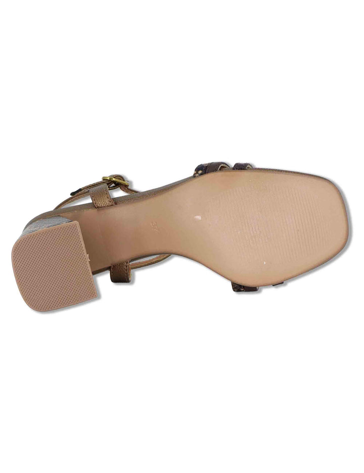Sandali donna in tessuto stampato bronzo con tacco alto e conturino alla caviglia COCO-920 H282 Exe 