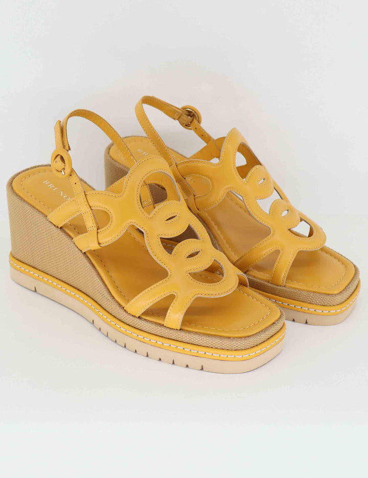 Sandali donna in pelle gialla con zeppa alta in rafia BL5403X 010 Bruno Premi 
