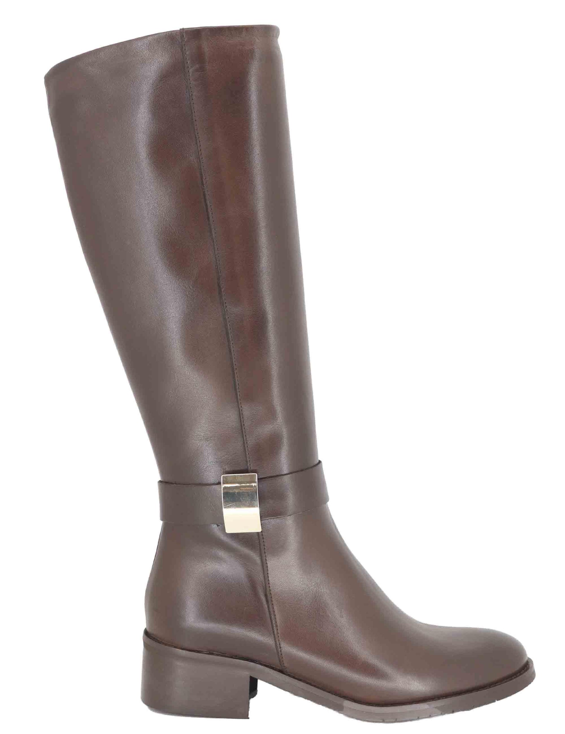 Stivali donna in pelle marrone con fibbia oro laterale SPST7005 014 Spatarella 