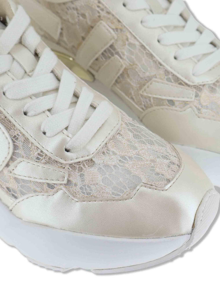 Sneakers donna in pelle e pizzo oro con zeppa alta in gomma 4009-84586 3 Ruco Line 