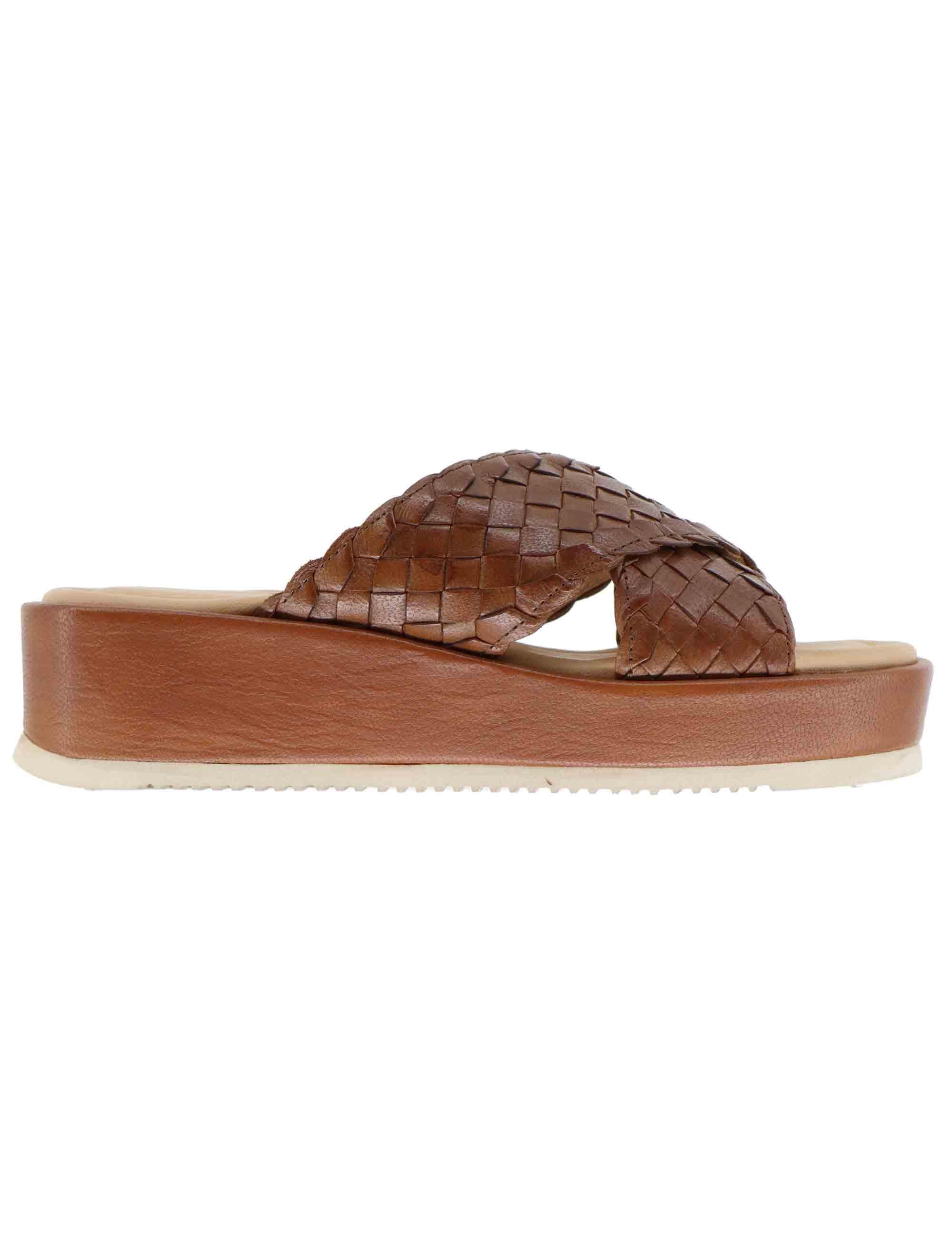 Sandali donna in pelle inteccaito marrone con zeppa bassa KARTAL CRF_CANNELLE Unisa 