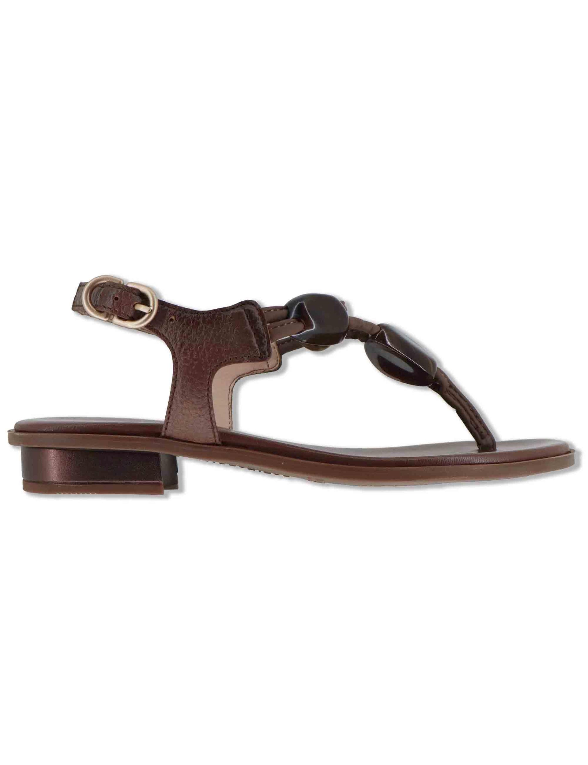 Sandali flat infradito donna in pelle cuoio con pietre e cinturino alla caviglia HV264785 AVELLANA Hispanitas 