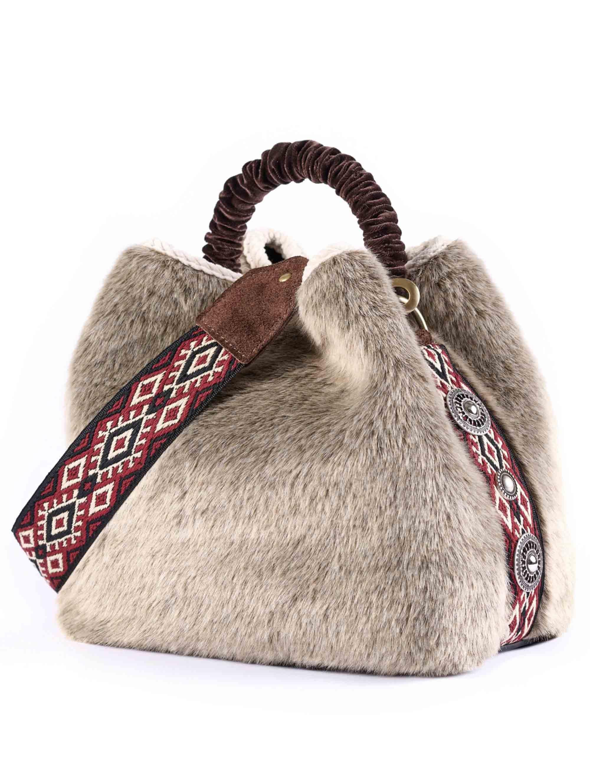 Borse donna in eco fur off white con manico e tracolla removibile CORAL A02 Via Mail Bag 