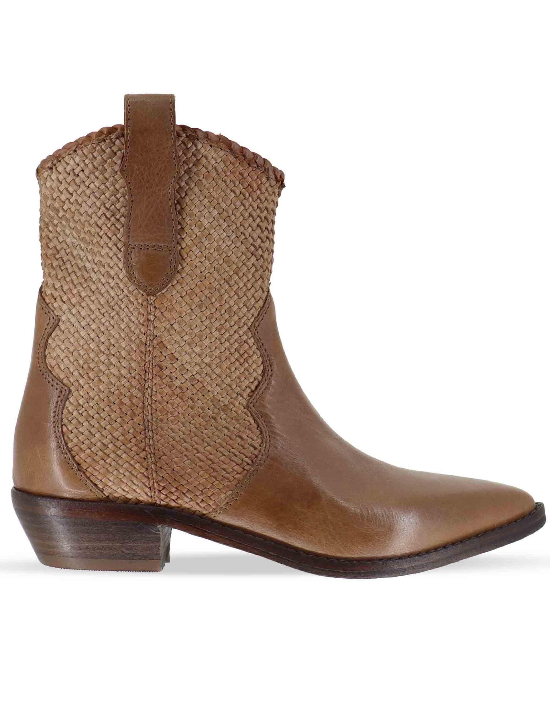 Stivaletti donna in pelle intrecciata cuoio con tacco basso 261-304-14 MOCHA Zolfo 