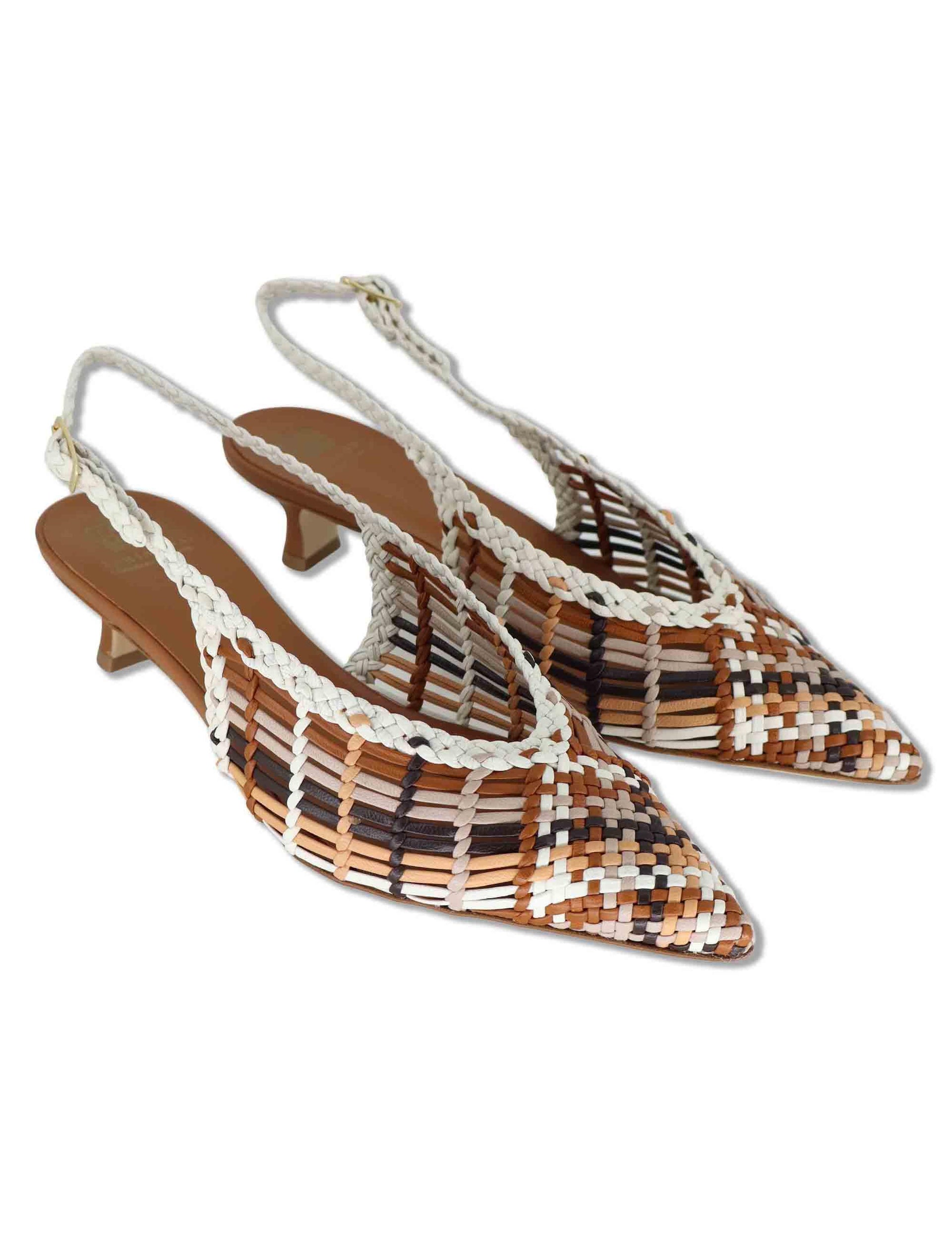 Decollete slingback donna in pelle intrecciata cuoio con tacco basso e punta a punta CH2657/RT CV300 L'Arianna 