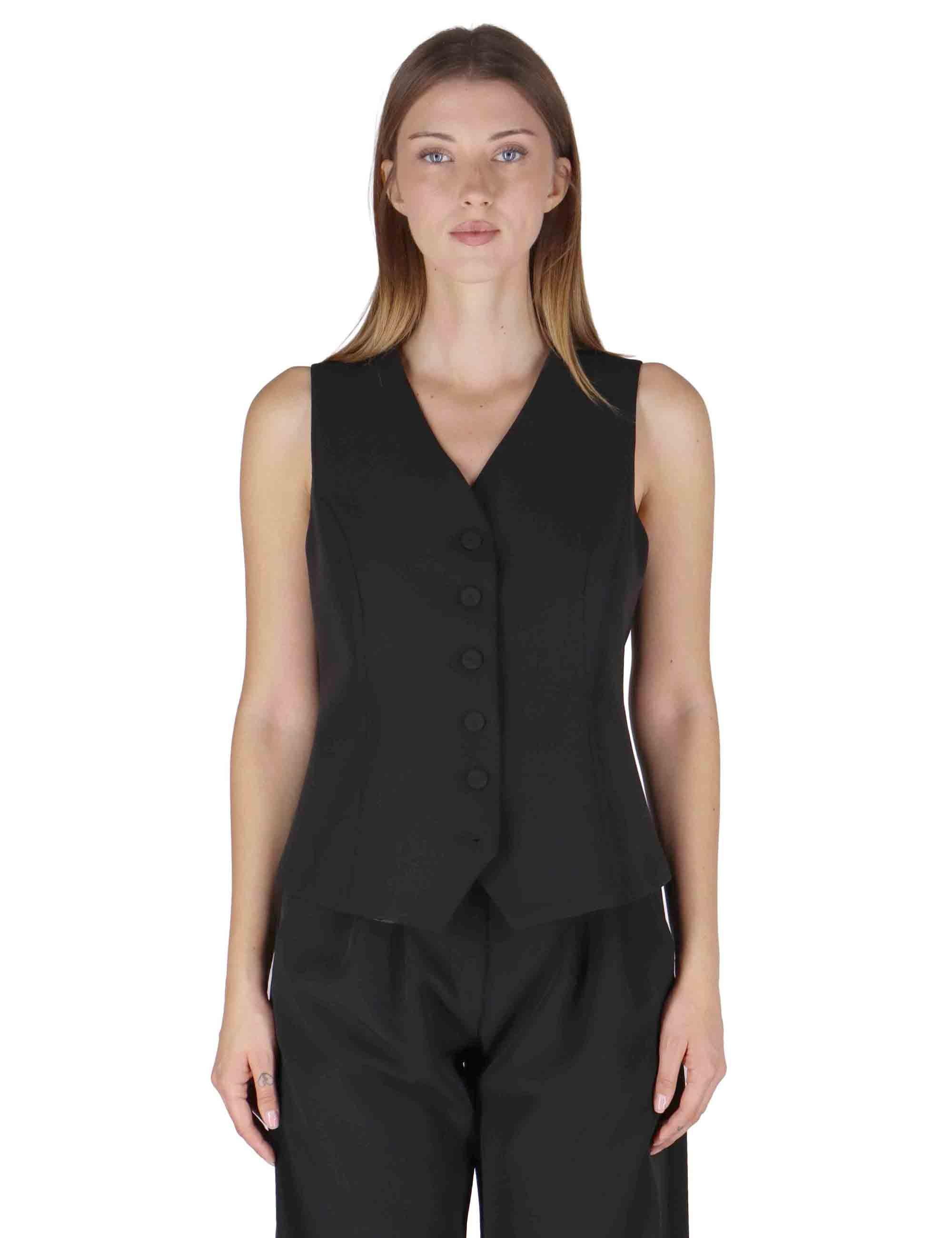 Gilet donna in tessuto nero con bottoni tono su tono e scollo a v OABGI0025-0519 9999 Justmine 