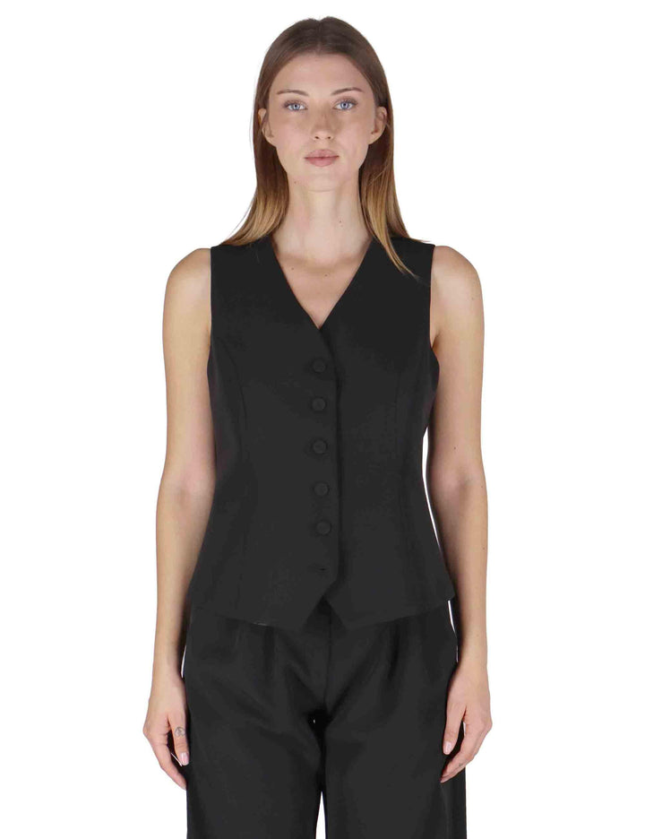 Gilet donna in tessuto nero con bottoni tono su tono e scollo a v OABGI0025-0519 9999 Justmine 