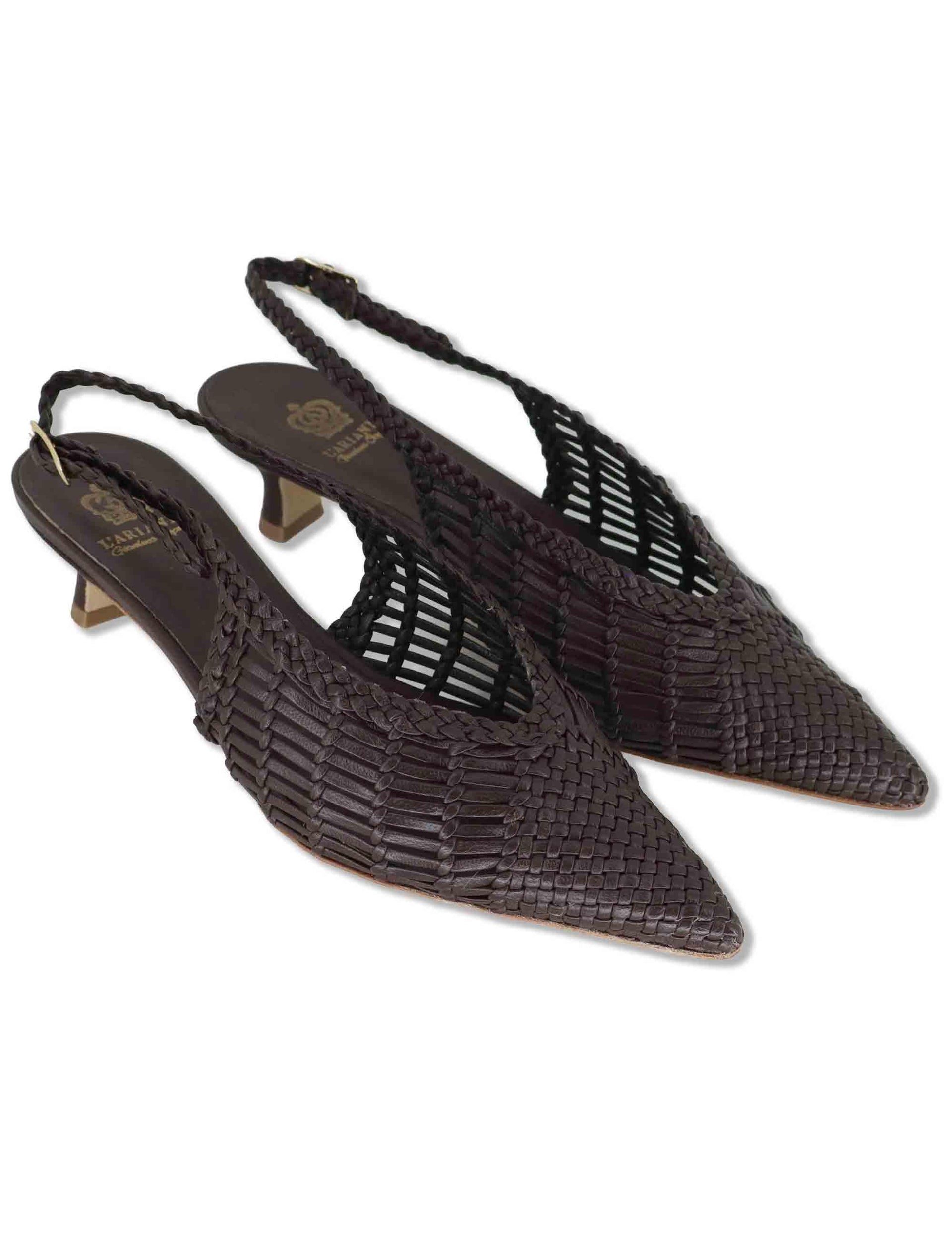 Decollete slingback donna in pelle intrecciata marrone con tacco basso e punta a punta CH2657/RT CV014 L'Arianna 