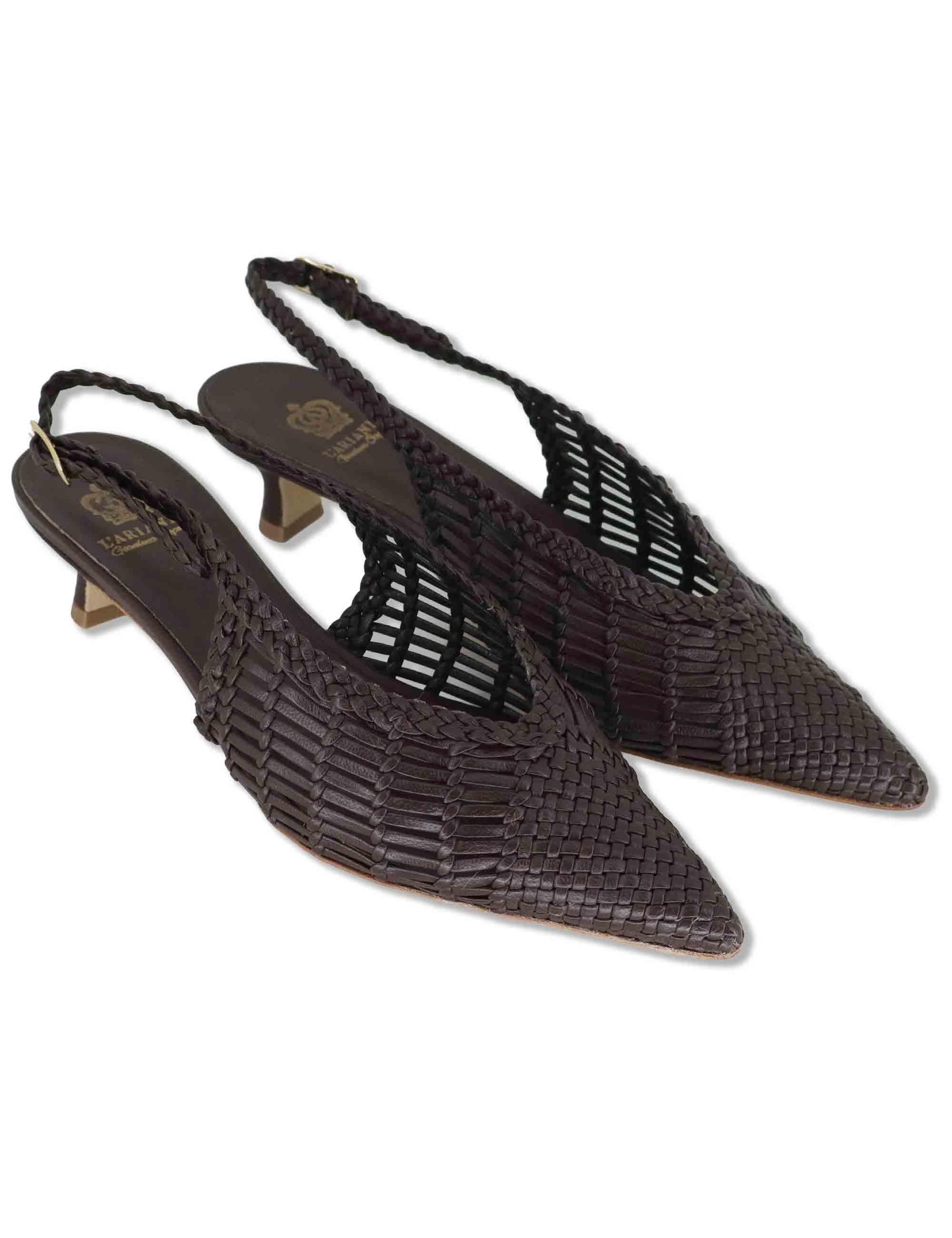 Decollete slingback donna in pelle intrecciata marrone con tacco basso e punta a punta CH2657/RT CV014 L'Arianna 
